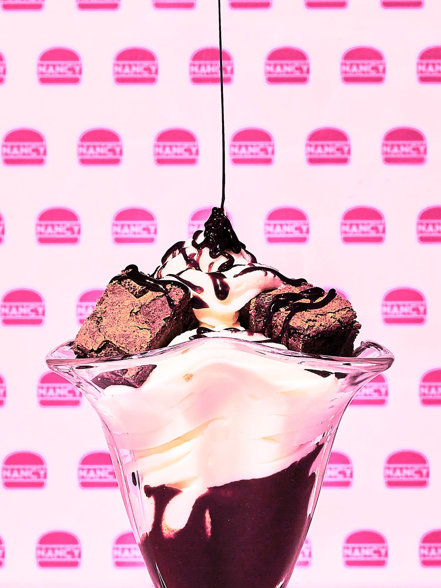 Chocolate brownie ice cream sundae - Wimpy creative pink burger shop photography - food photography - Nancy Anne