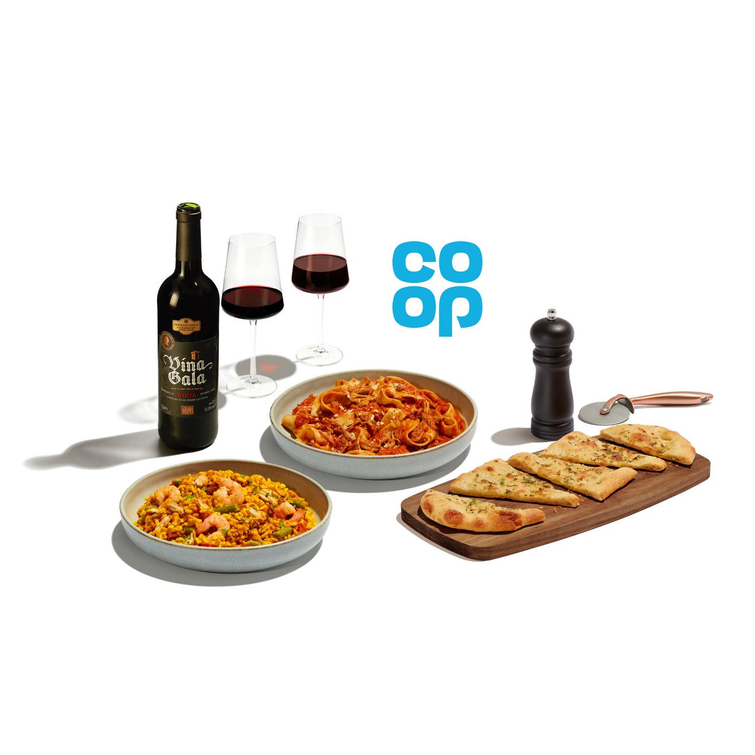 Paella, pasta Bolognese and red wine - Coop supermarket meal deal advertising photography - Nancy Anne - food and drink photographer