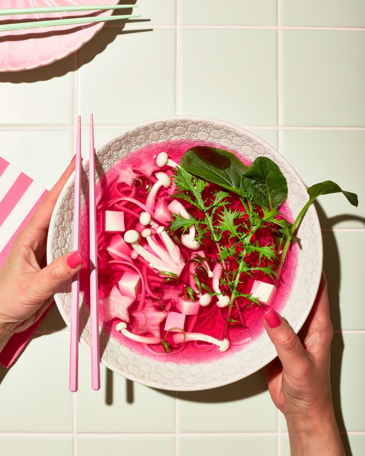 Pink ramen noodle bowl photography - food and drink photography - Nancy Anne - creative commercial food photographer