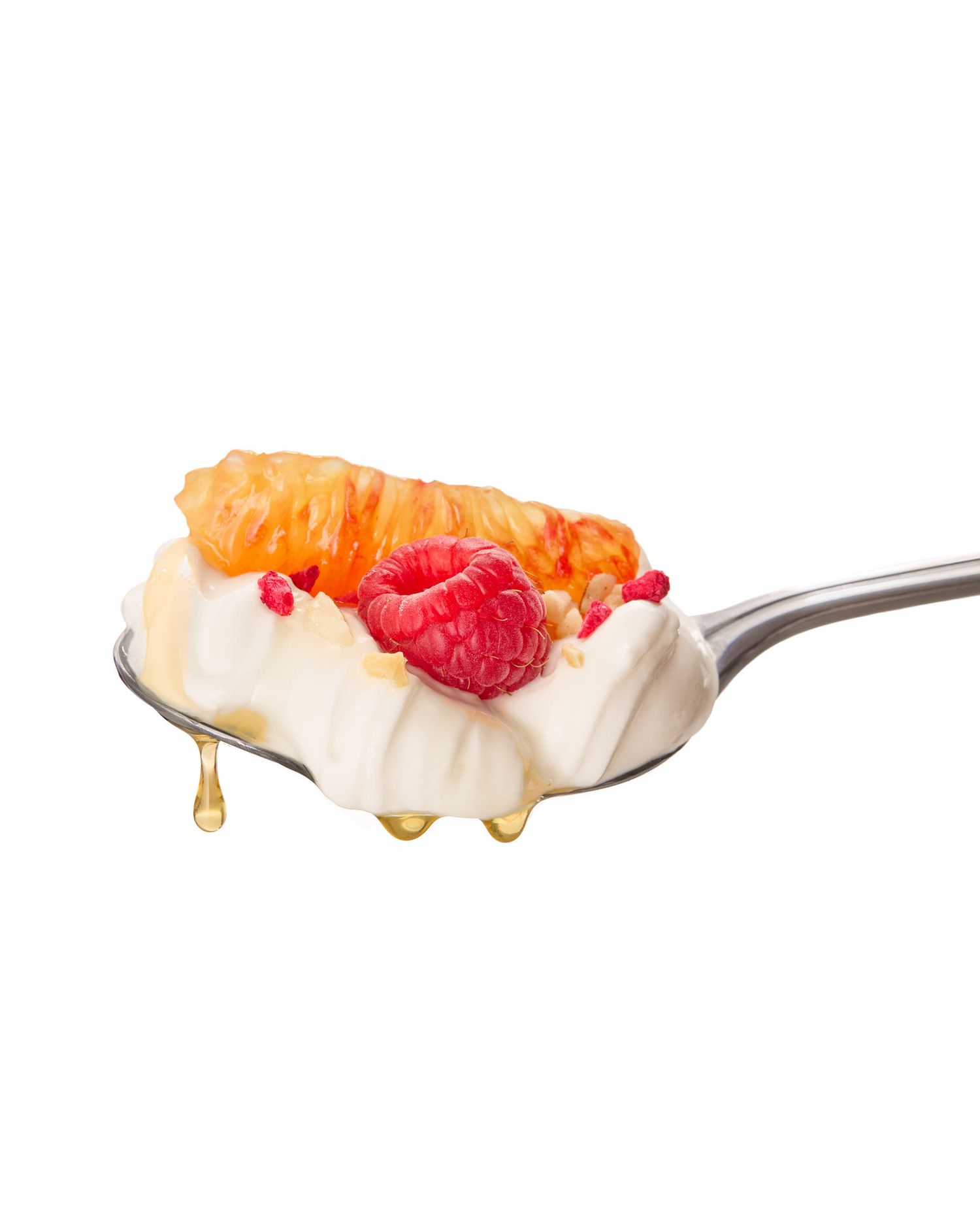 Yoghurt and fruit on spoon photography - orange, raspberry, honey - food photography - Nancy Anne - Commercial food photographer
