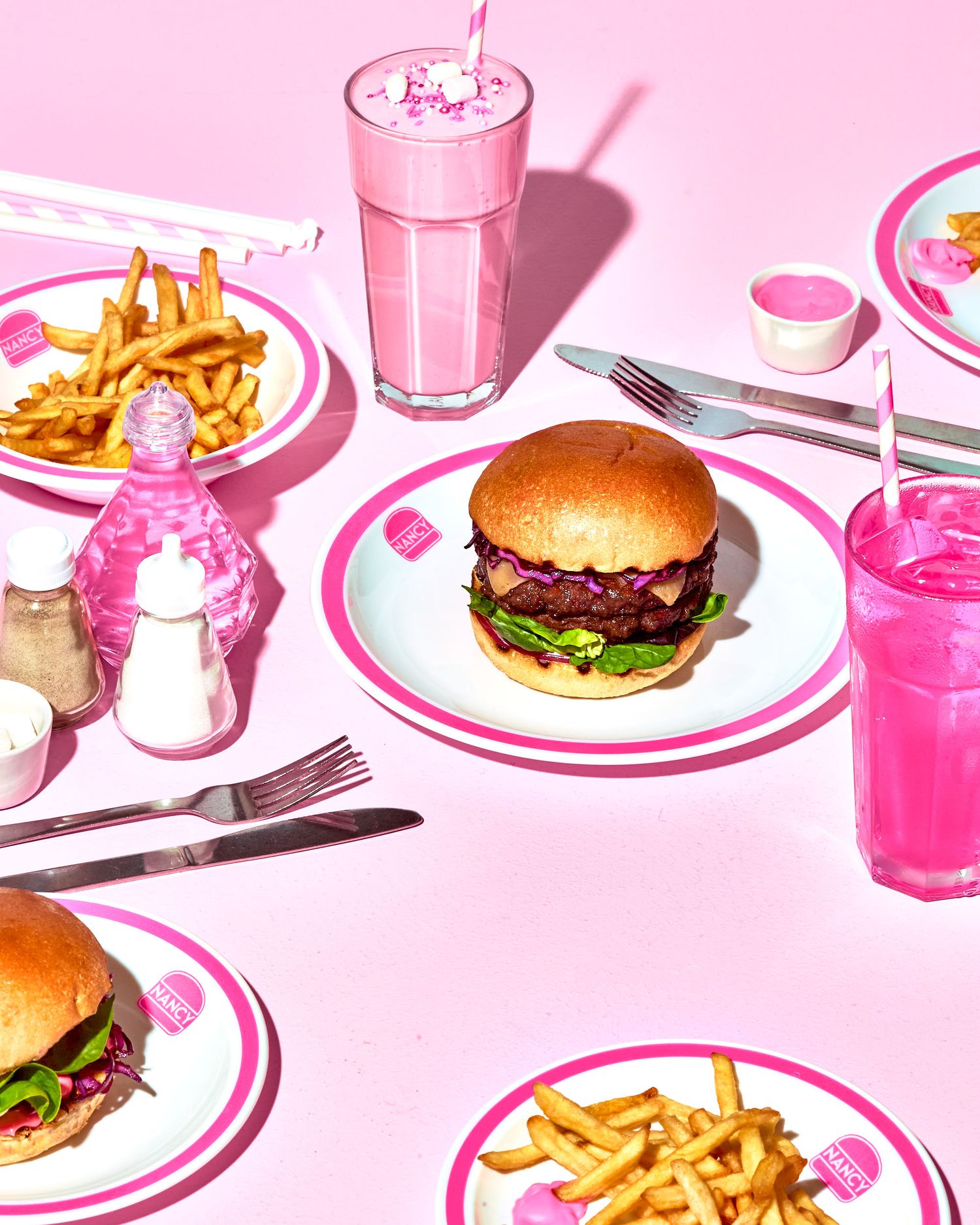 Dine in burger shop table - Wimpy creative pink burger shop photography - food photography project - Nancy Anne