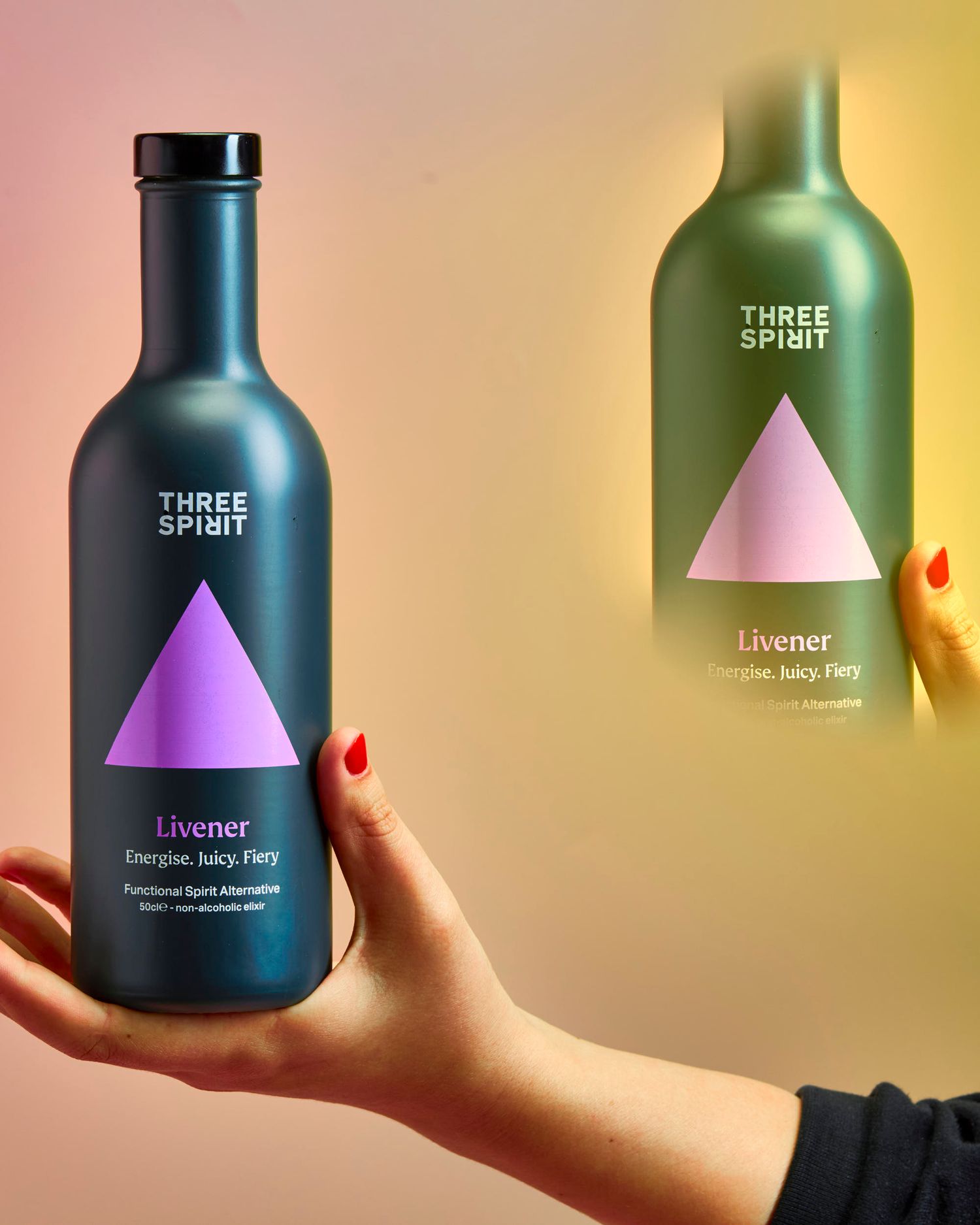 Non-alcoholic drink bottle photography - Three Spirit drink brand photography - commercial drink photography - Nancy Anne - London