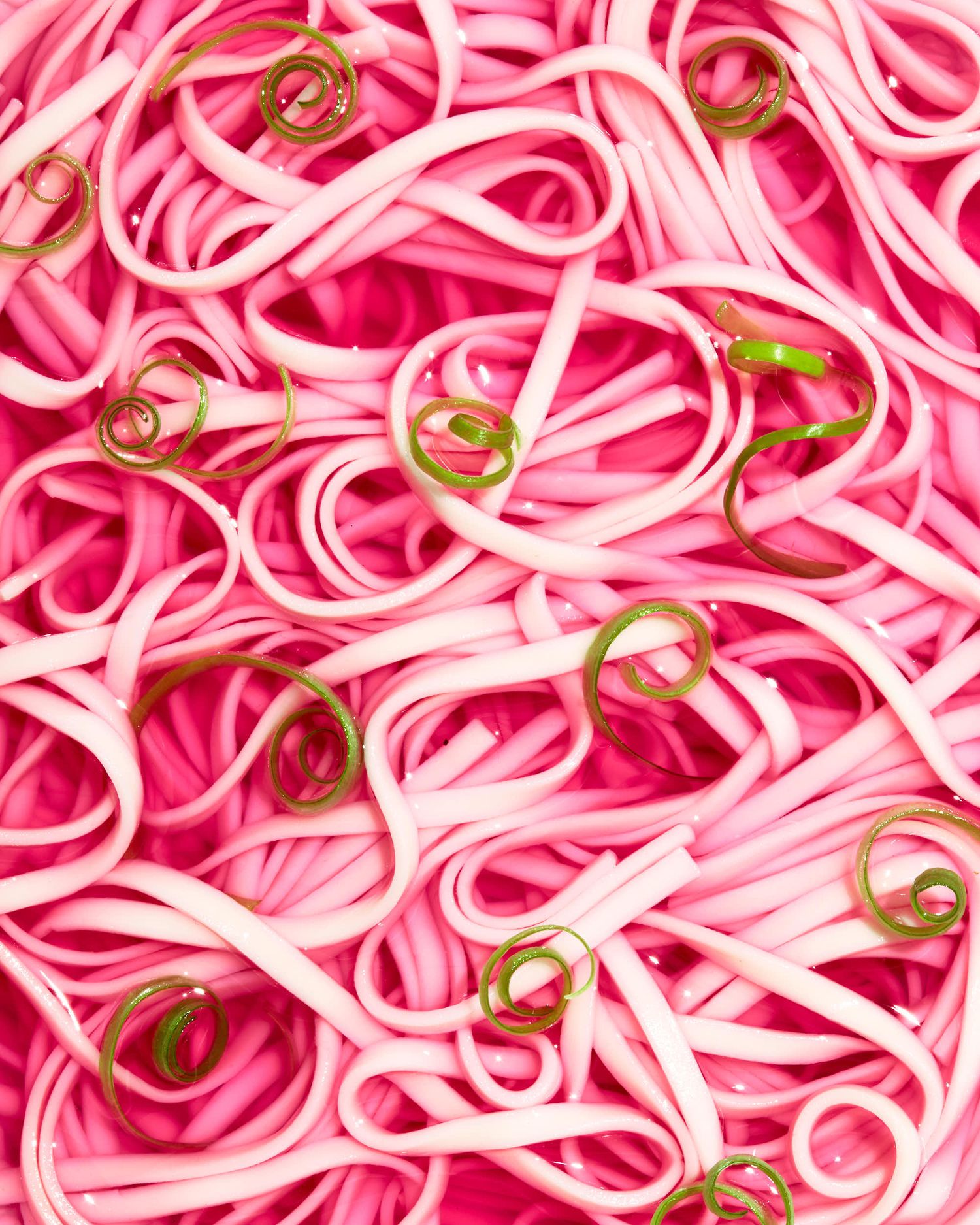Pink dragon fruit noodles spring onions - Barbie food photography - pink food drink photography - Nancy Anne Photography