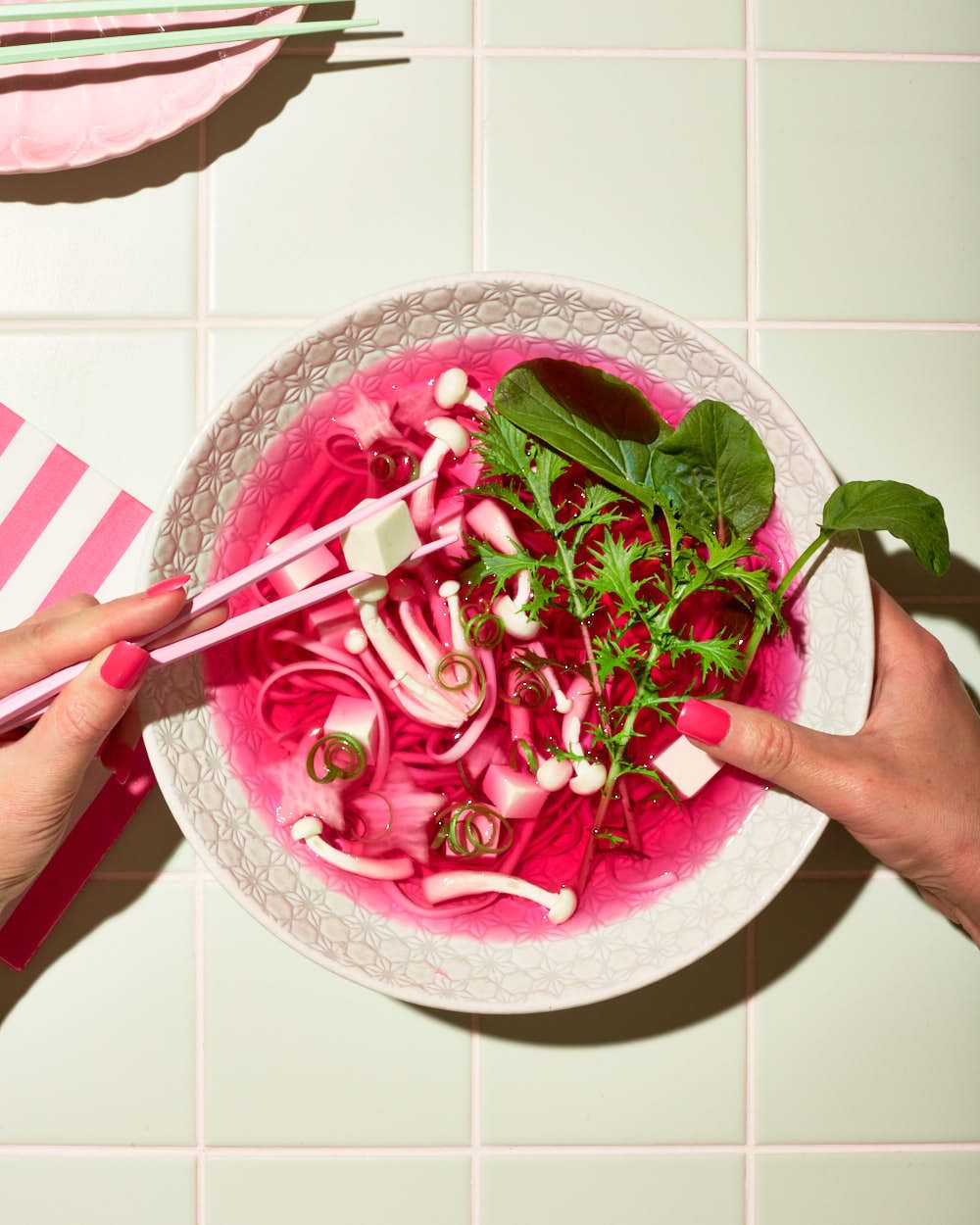 Dragon fruit noodle bowl tofu model - Barbie food photography - pink food and drink photography - Nancy Anne Photography