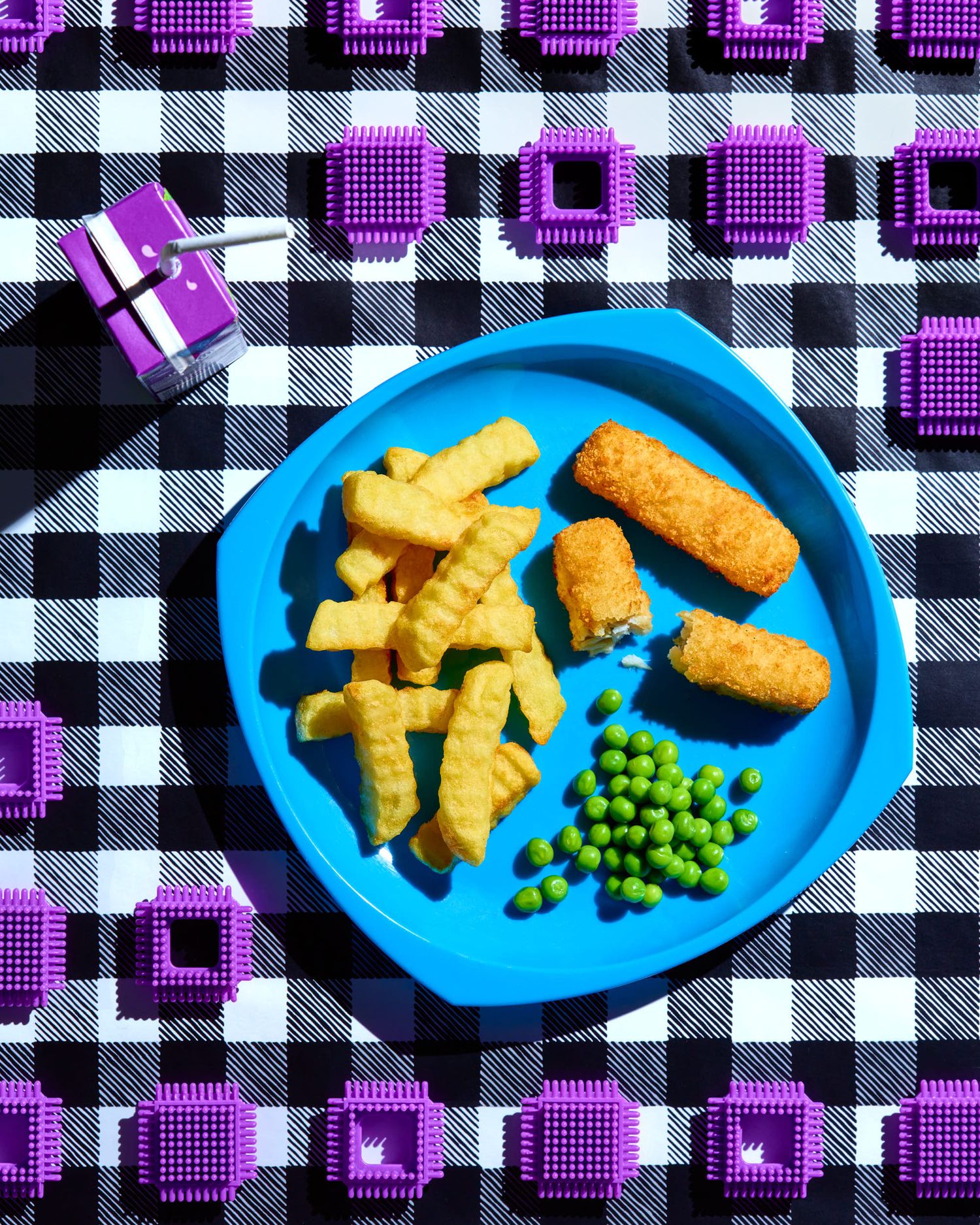 Fish fingers, chips and peas food photography - dinner food photography - Nancy Anne - colourful, creative food and drink photographer