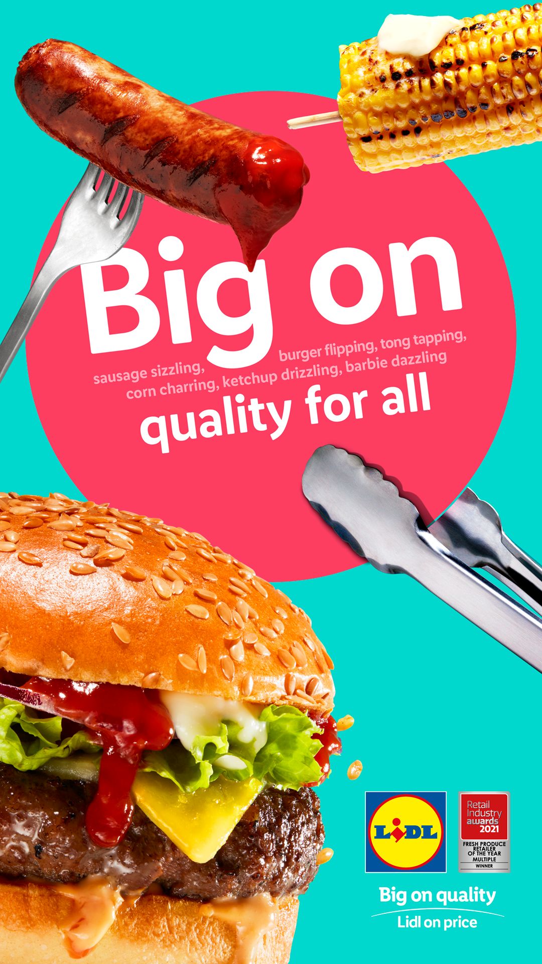 BBQ burger, sausage, corn on the cob - Lidl summer advertising photography - Nancy Anne - food and drink photographer London