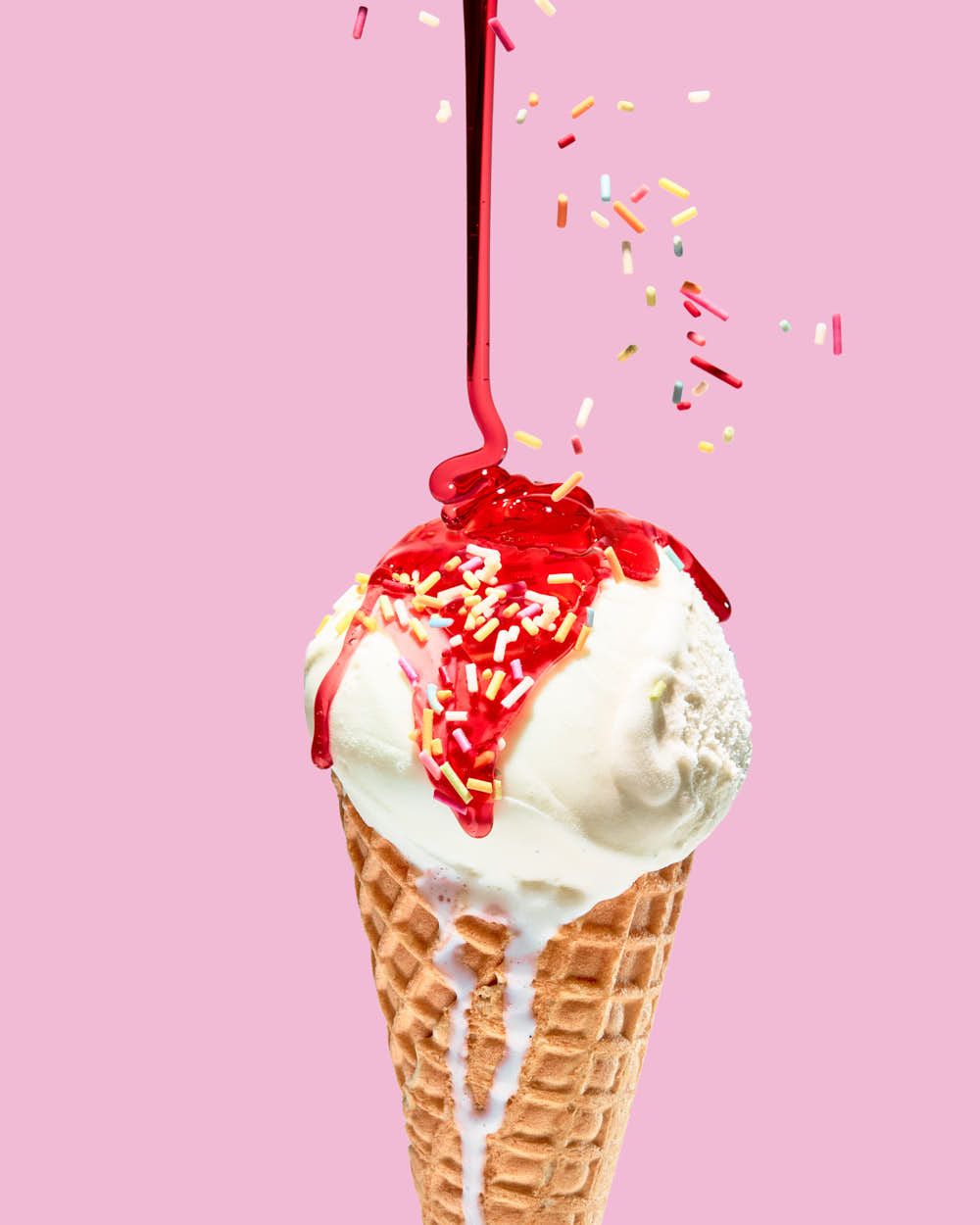 Vanilla ice cream strawberry sauce and sprinkles - Barbie food photography - pink food drink photography - Nancy Anne
