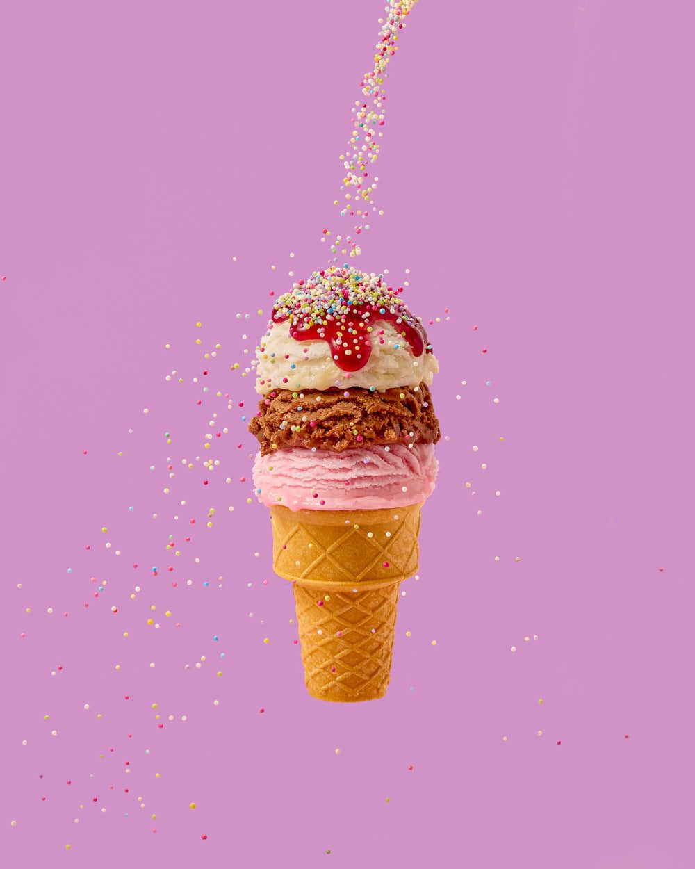 Ice cream photography with strawberry sauce and hundreds and thousands sprinkles - ice cream photographer - Nancy Anne Photography