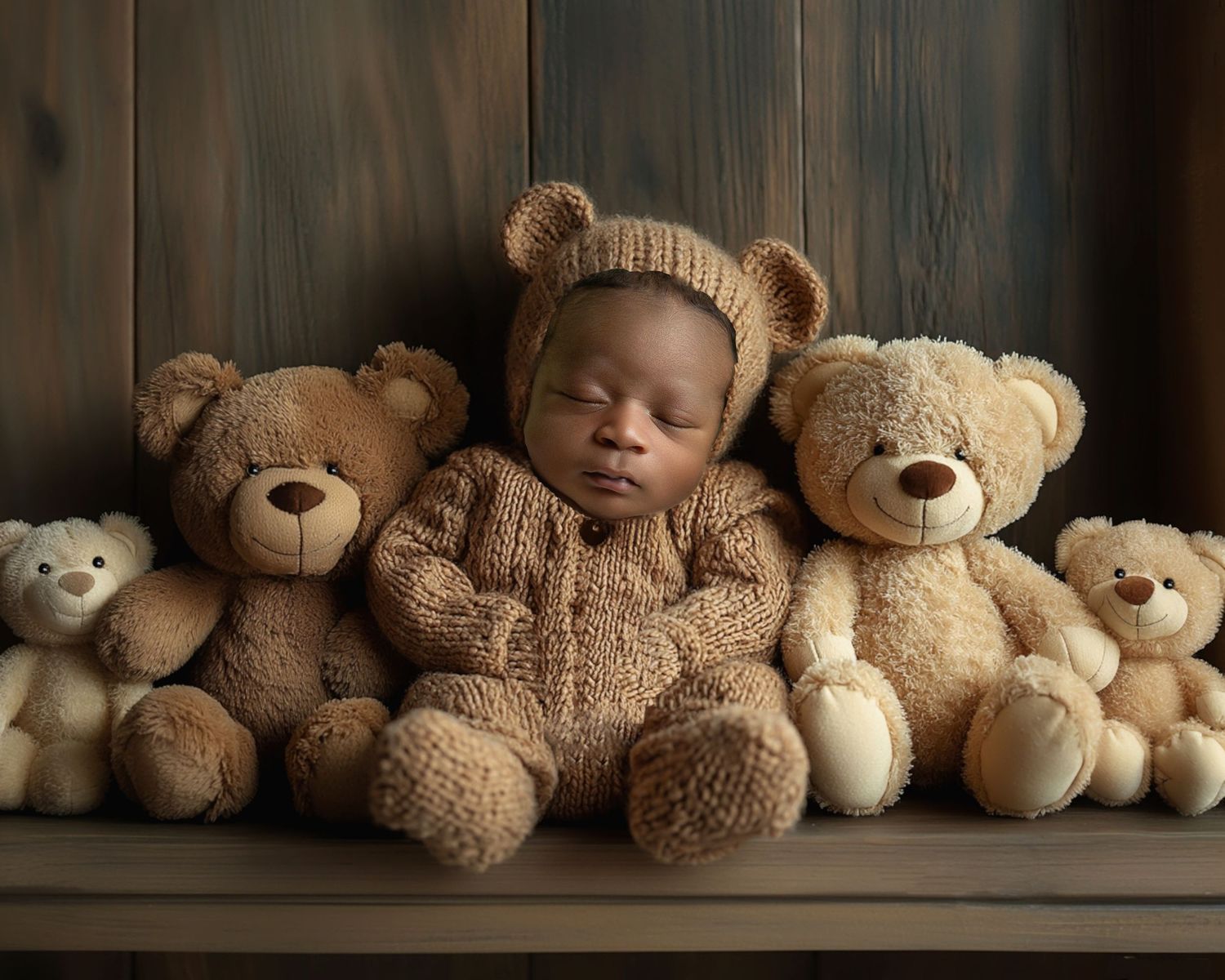 Sleeping newborn in brown bear outfit surrounded by plush teddy bears.