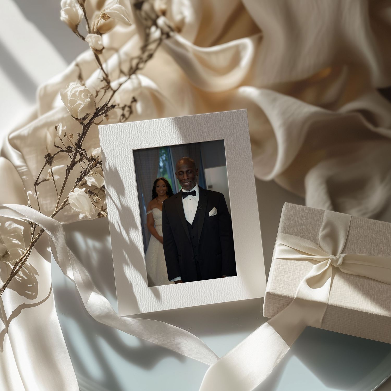 Wedding photo displayed on cream silk fabric with dried flowers and wrapped gift boxes in elegant neutral tones.