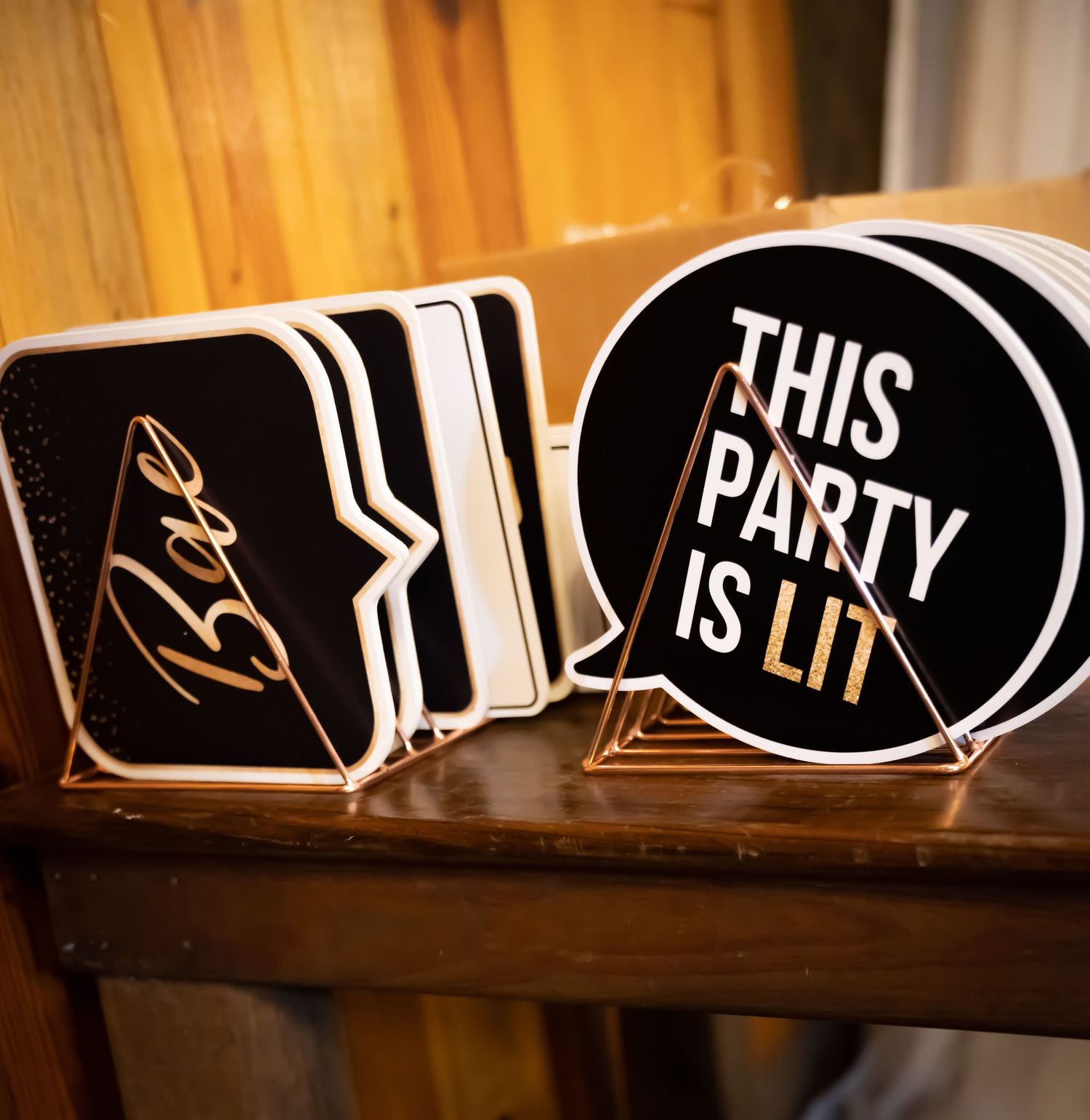 Black and white decorative signs with 