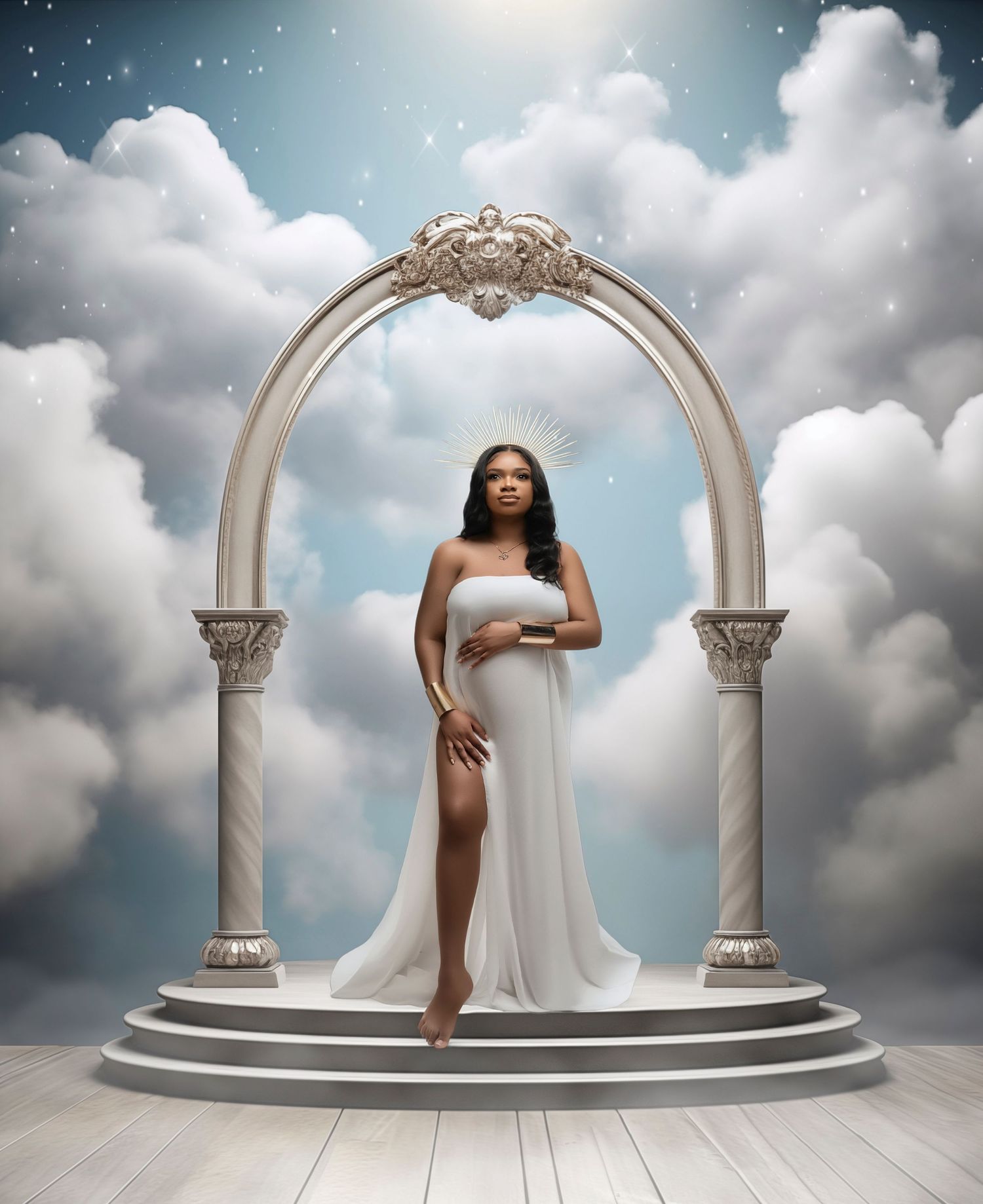 A figure in a flowing white dress poses gracefully beneath an ornate stone archway against a dreamy cloudy sky background.