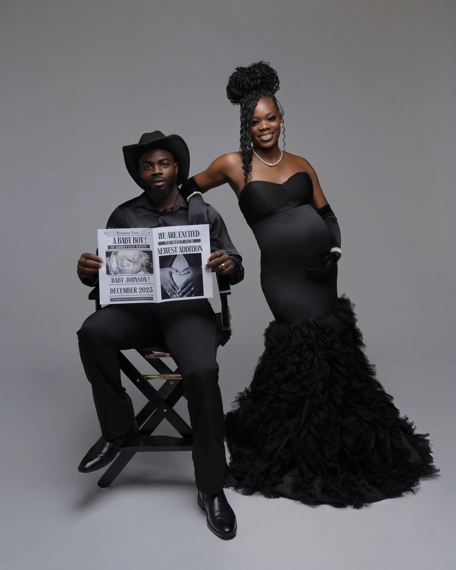 Stylish black and white photoshoot with dramatic feathered dress.