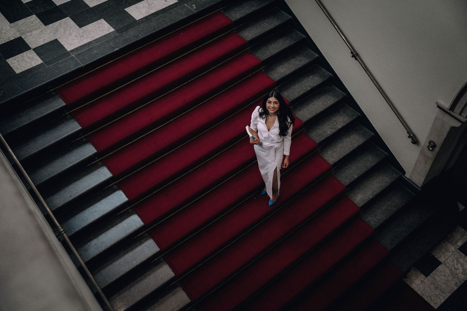PhD student on stairs