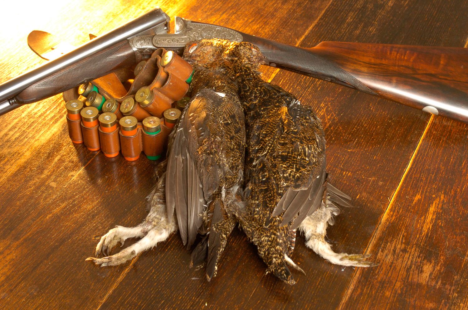 Two hunted game birds lying on wooden floor beside shotgun shells and a rifle after a hunting session.