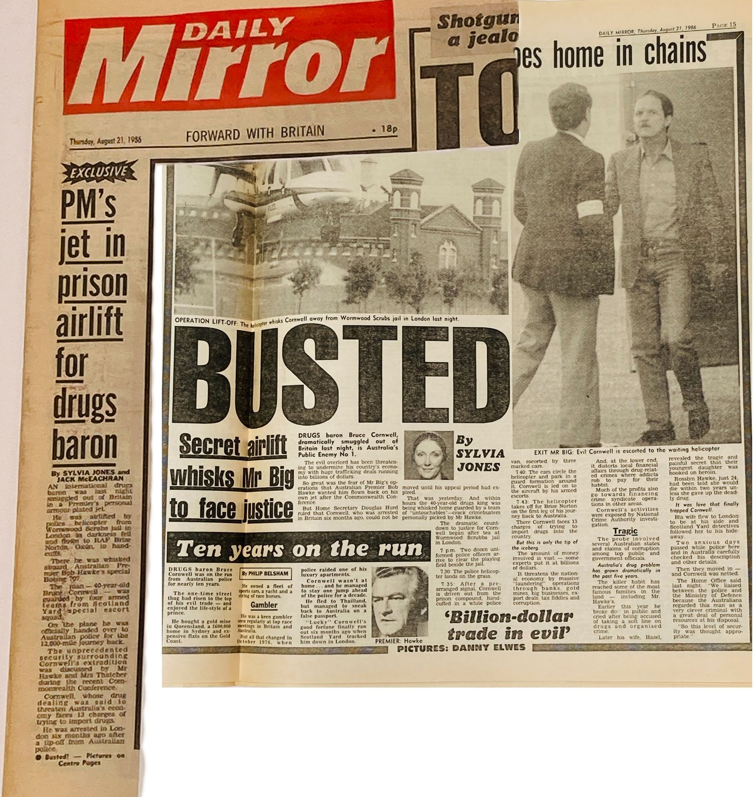 Daily Mirror cutting showing drug baron Bruce Cornwall starting deportation journey to Australia. Pics by Danny Elwes