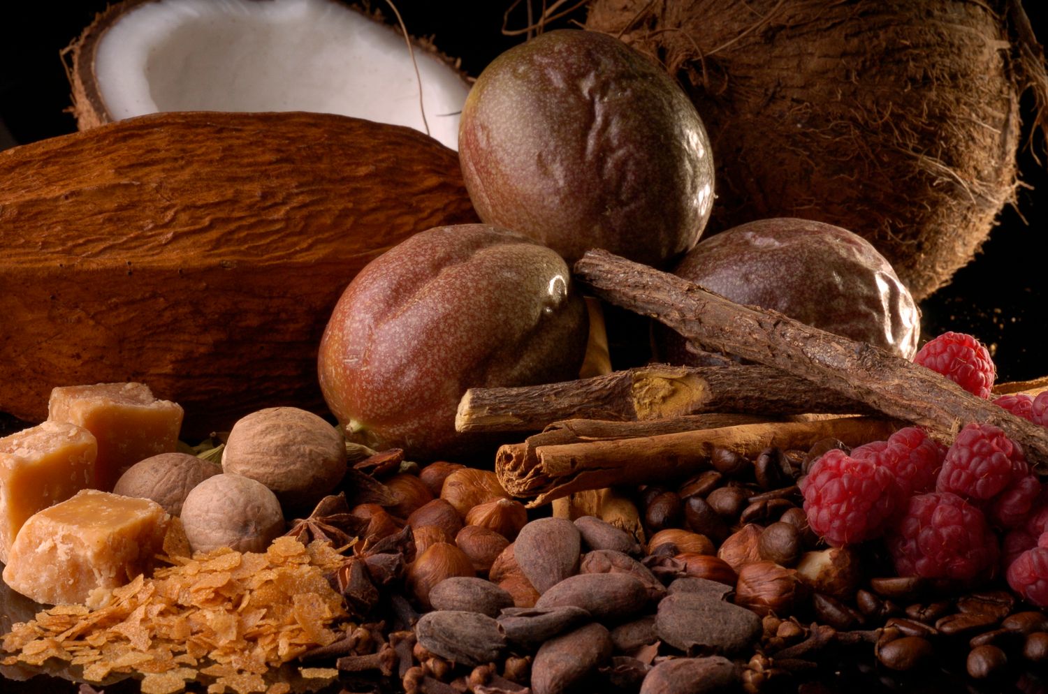 Assorted spices and tropical ingredients including cinnamon sticks, coconut, raspberries, nutmeg, and cocoa beans on dark background.