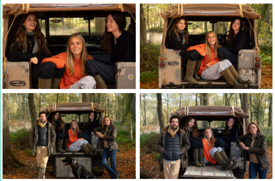 Series of photos showing family gathered together in their trusty old Land Rover for photographic shoot for Before They Fly the Nest.