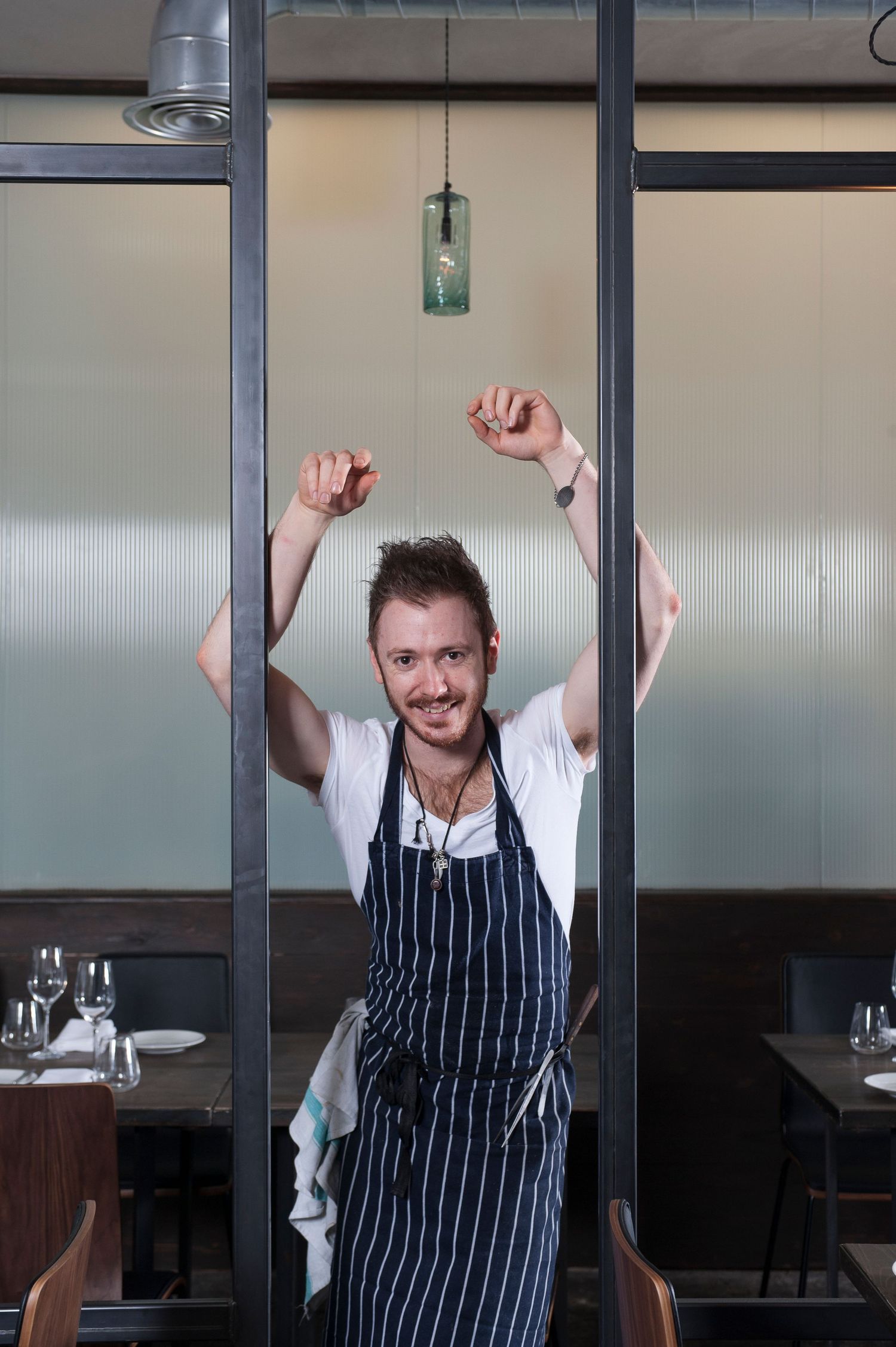 Chef Ollie Dabbous in Dabbous, his eponymous, highly acclaimed Michelin-starred restaurant  in Fitzrovia, London
Photograph by Danny Elwes