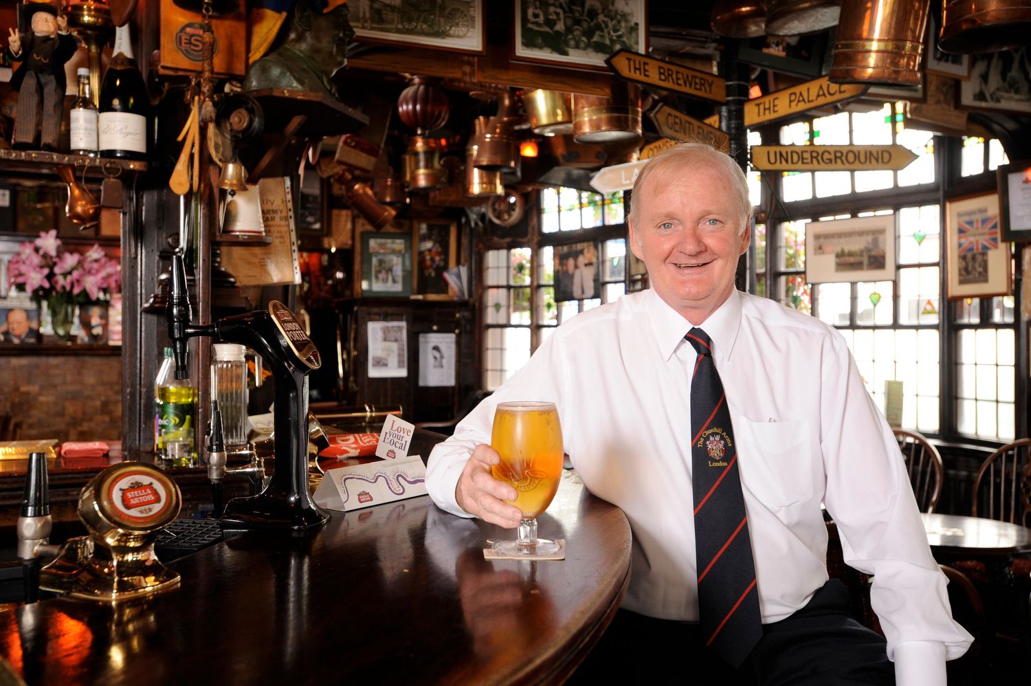 Churchill Arms, 119 Kensington Church Street, London W8 Landlord Gerry O'Brien in the pub. 
Photograph by Danny Elwes