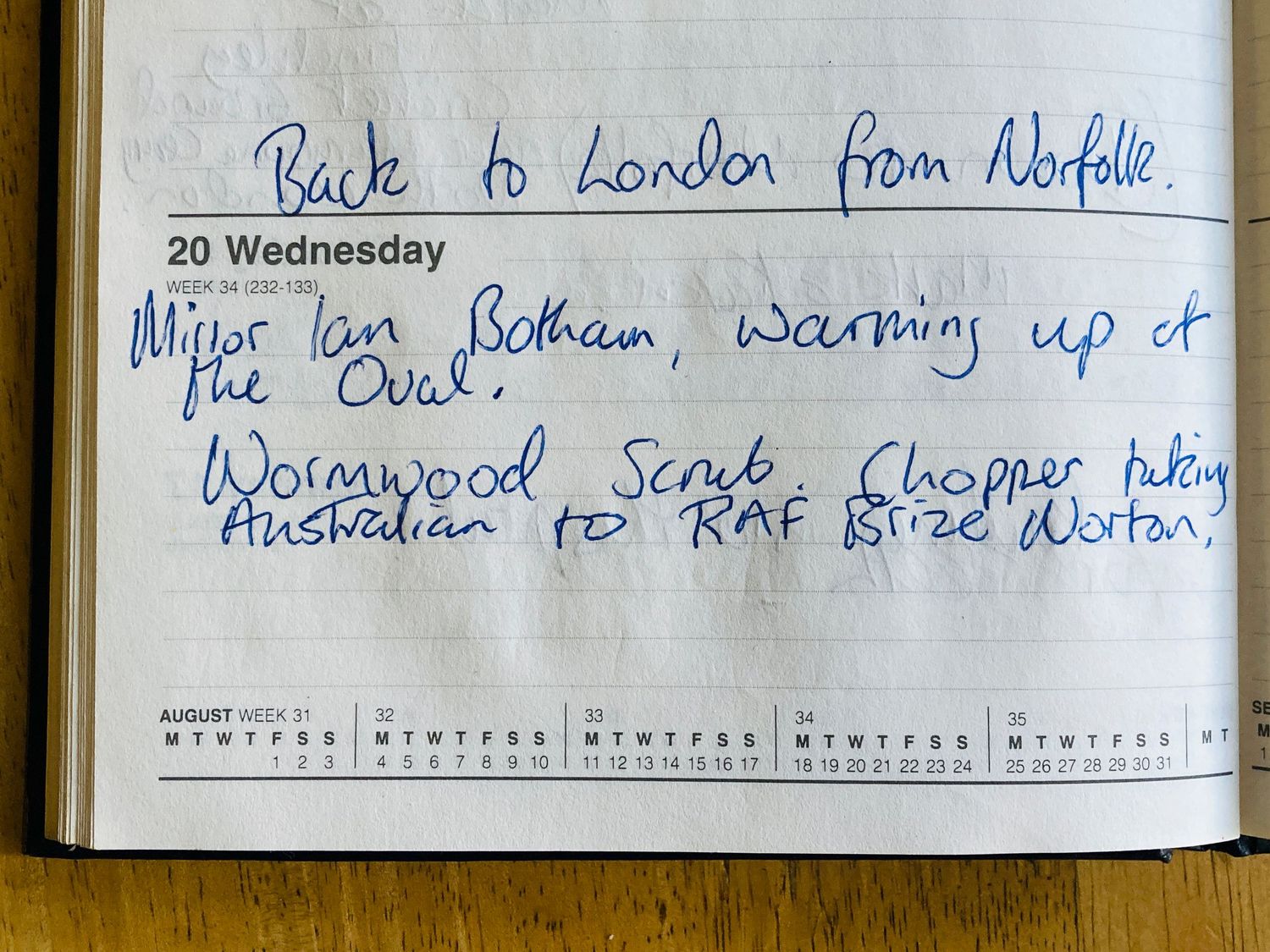 Handwritten diary entry for Wednesday August 20 noting Ian Botham warming up at The Oval and the Mirror Wormwood Scrubs helicopter story