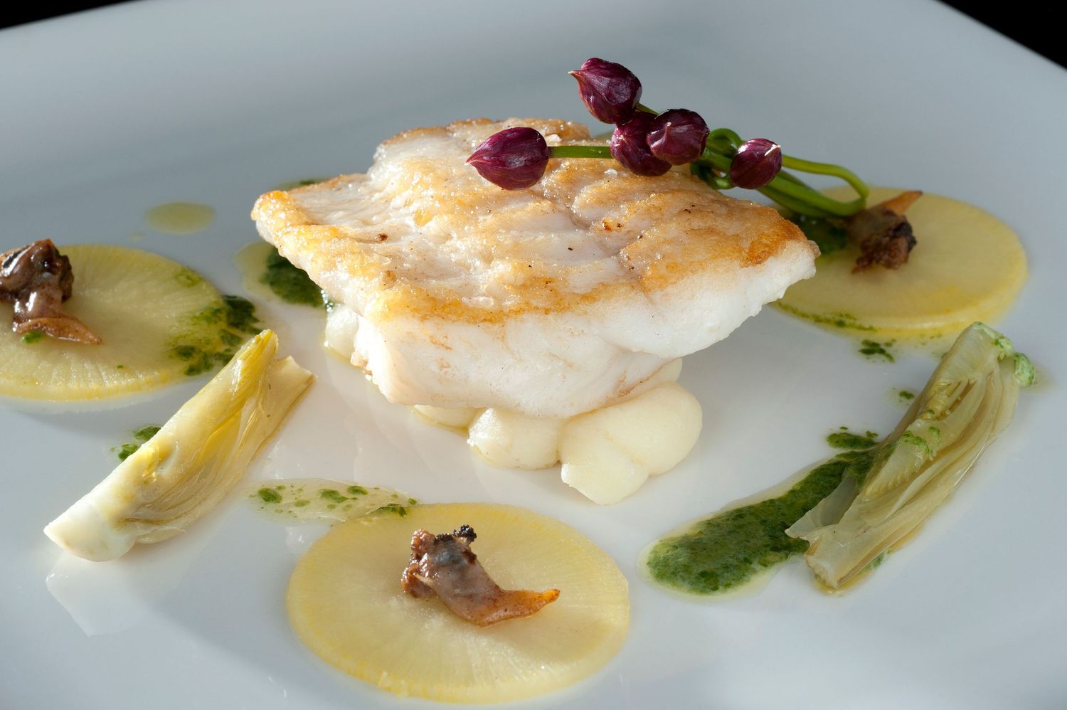 Elegant plated white fish fillet with lemon slices, fennel, pomegranate seeds, and green herb sauce on white plate.