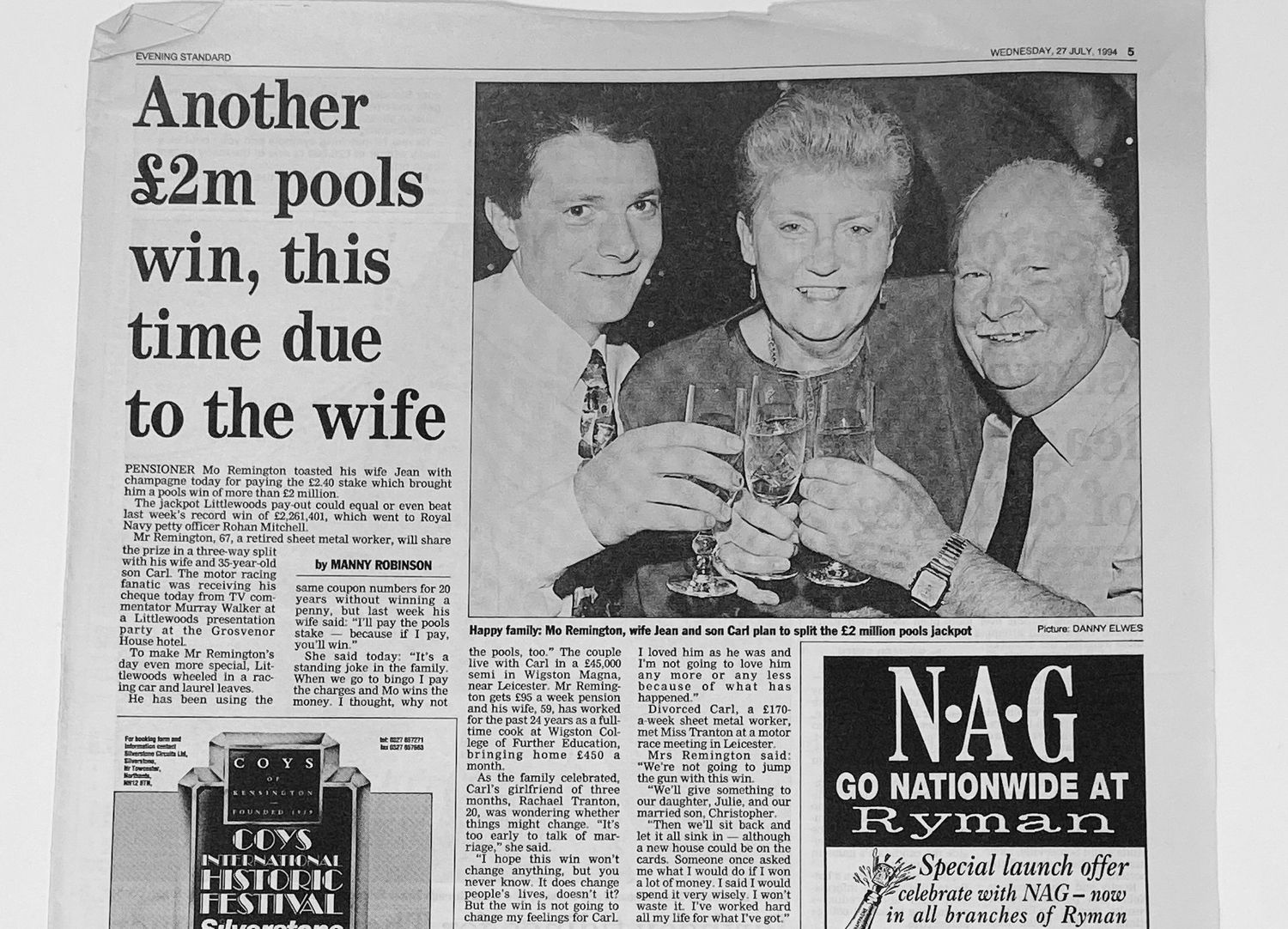 Evening Standard clipping about a £2m pools win, featuring a family celebrating their Littlewood's pool win night before cheque presentation