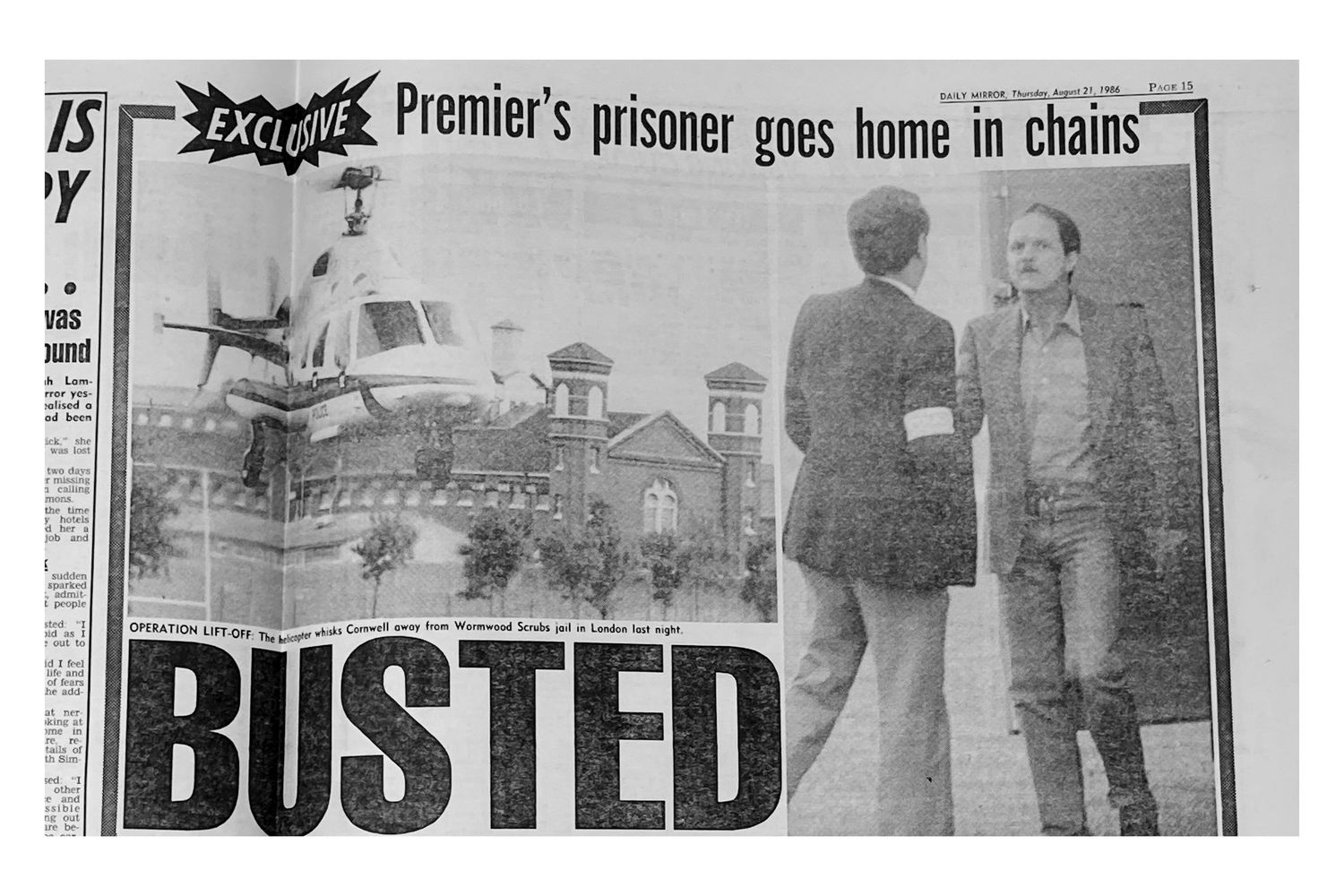Daily Mirror cutting showing drug baron Bruce Cornwall starting deportation journey to Australia from Wormwood Scrubs Pics by Danny Elwes
