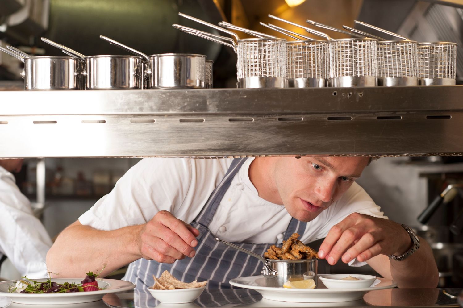 Chef carefully plating gourmet dishes in a professional restaurant kitchen with stainless steel pots and equipment overhead.