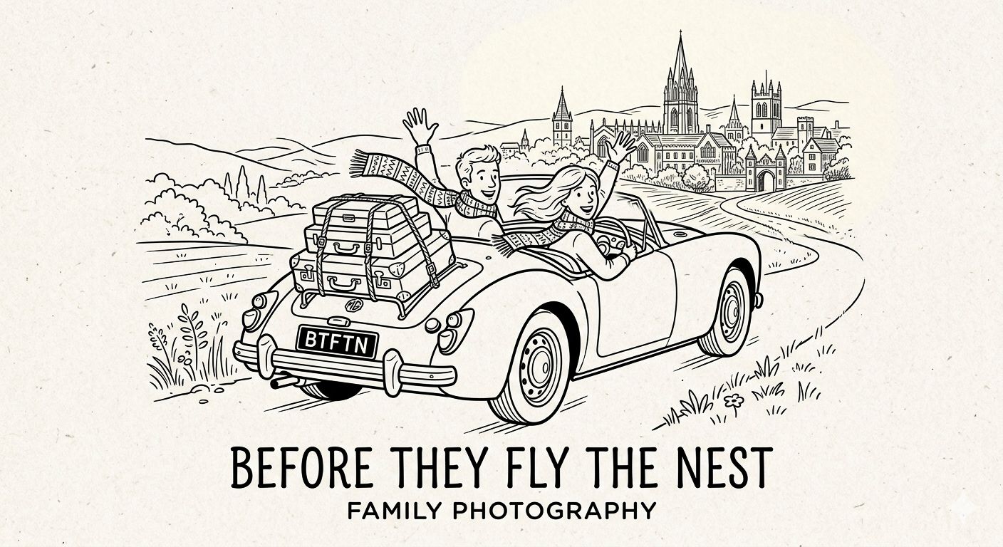 Vintage car illustration with luggage, waving family, and 