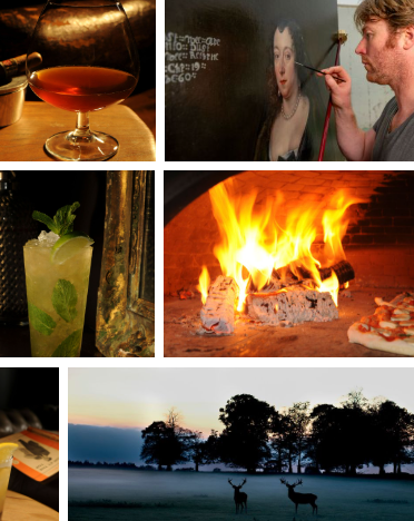 Collage of evening scenes with campfire, drinks, and sunset landscapes.