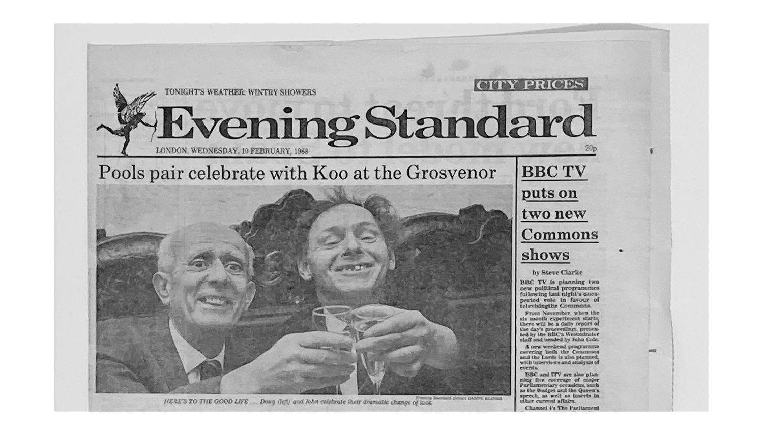 Evening Standard newspaper front page with Doug and John celebrating their pools win the night before presentation by Koo Stark at Grosvenor