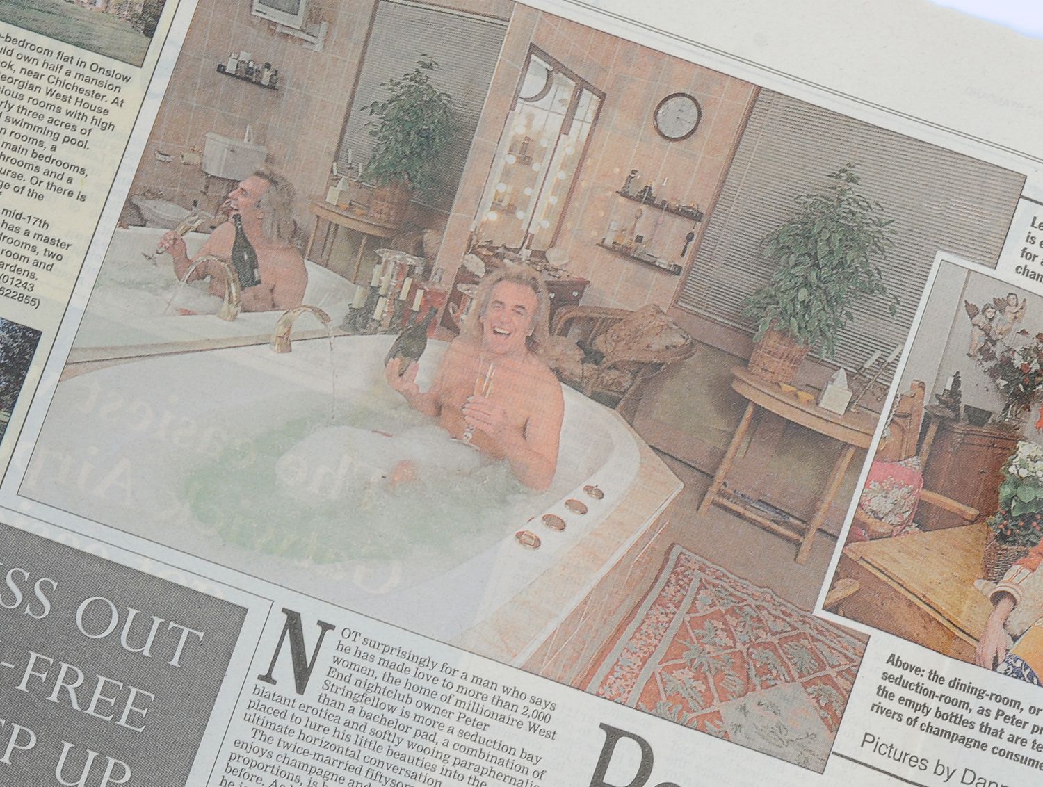Evening Standard Homes section article with nightclub owner and entrepreneur Peter Stringfellow in his bath photographs by Danny Elwes.
