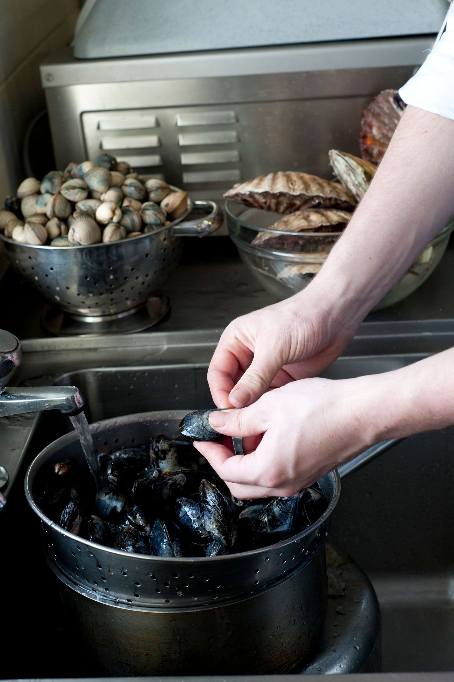 Chef cleaning fresh mussels in a colander at a kitchen sink with clams and bread in the background.