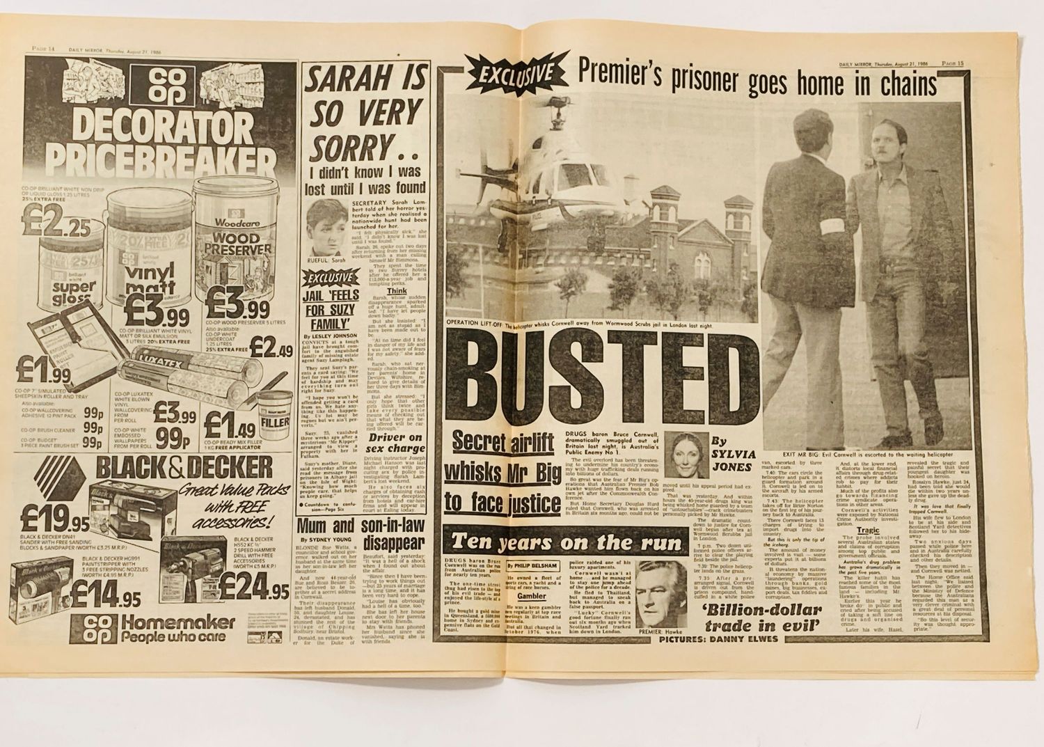 Daily Mirror centre page spread with story of Australian drugs baron Bruce Cornwall starting his deportation journey from Wormwood Scrubs.