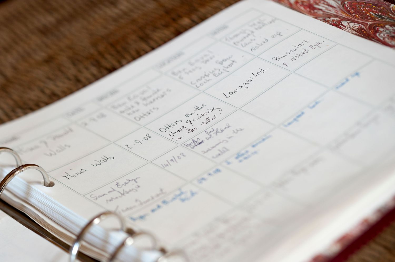 Open ring binder planner with handwritten weekly schedule entries on ruled pages, placed on wooden surface.