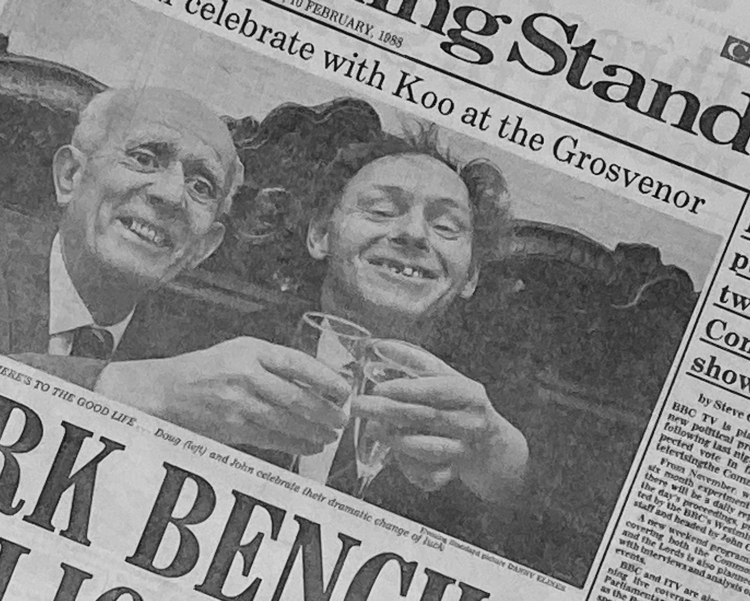 Evening Standard front page Danny Elwes photograph of Littlewood's Pools winners John McDonald and Doug Calway celebrating their £1m+ win