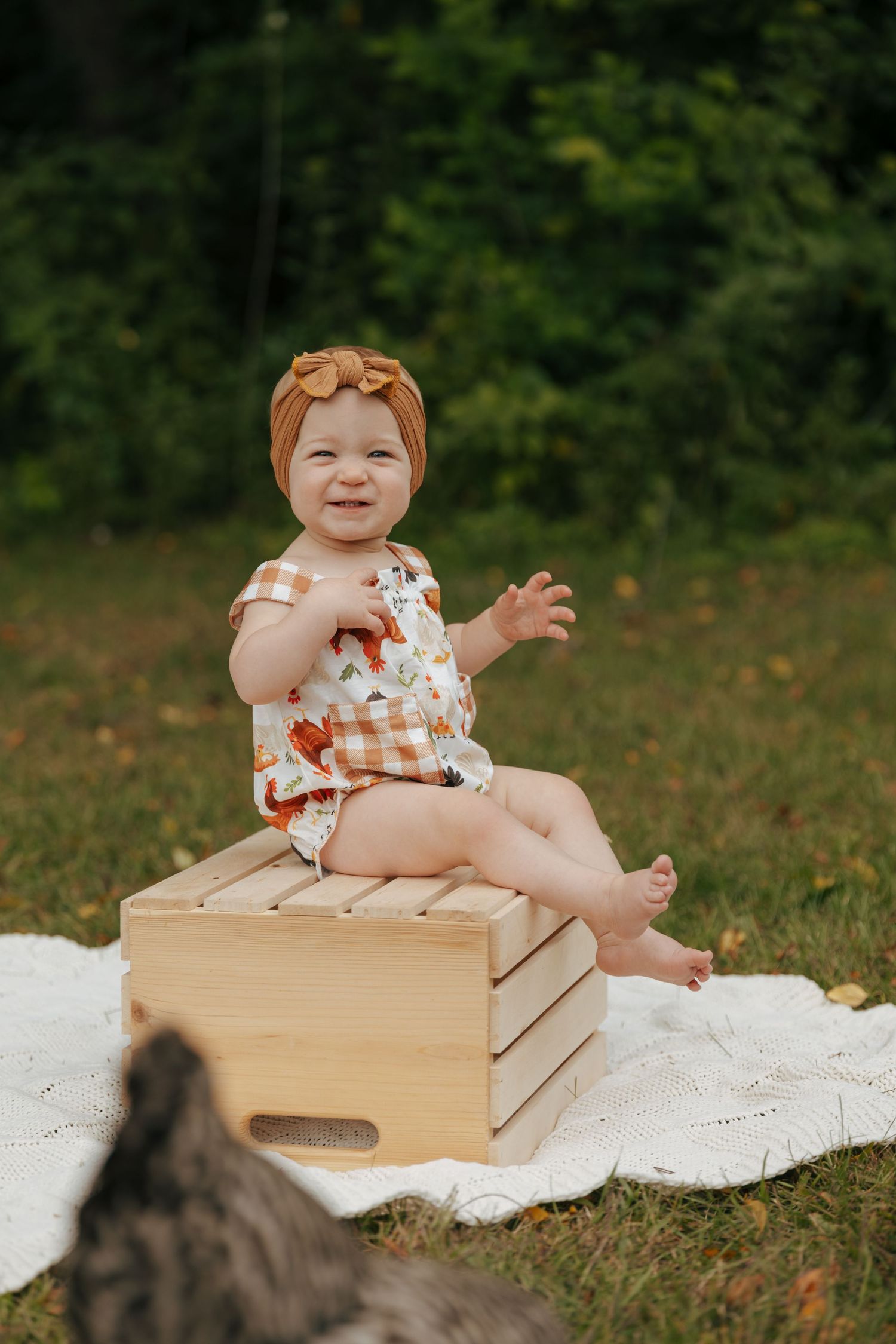 Smiling baby girl in floral romper and bow headband sitting on wooden crate outdoors with chickens nearby.