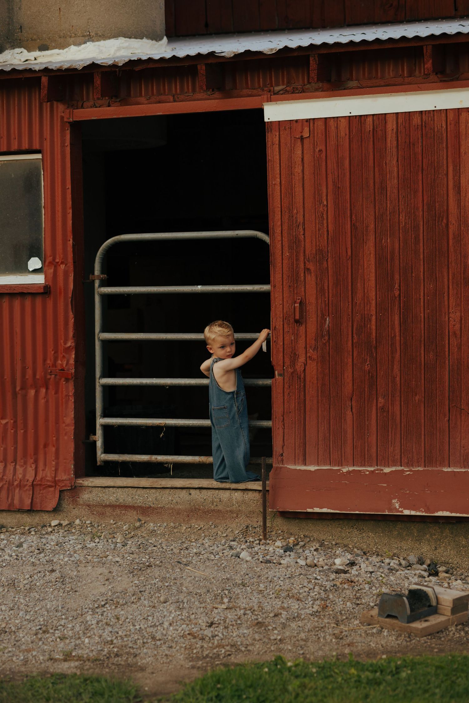 Young child in denim overalls standing at the entrance of a red barn doorway on a farm.