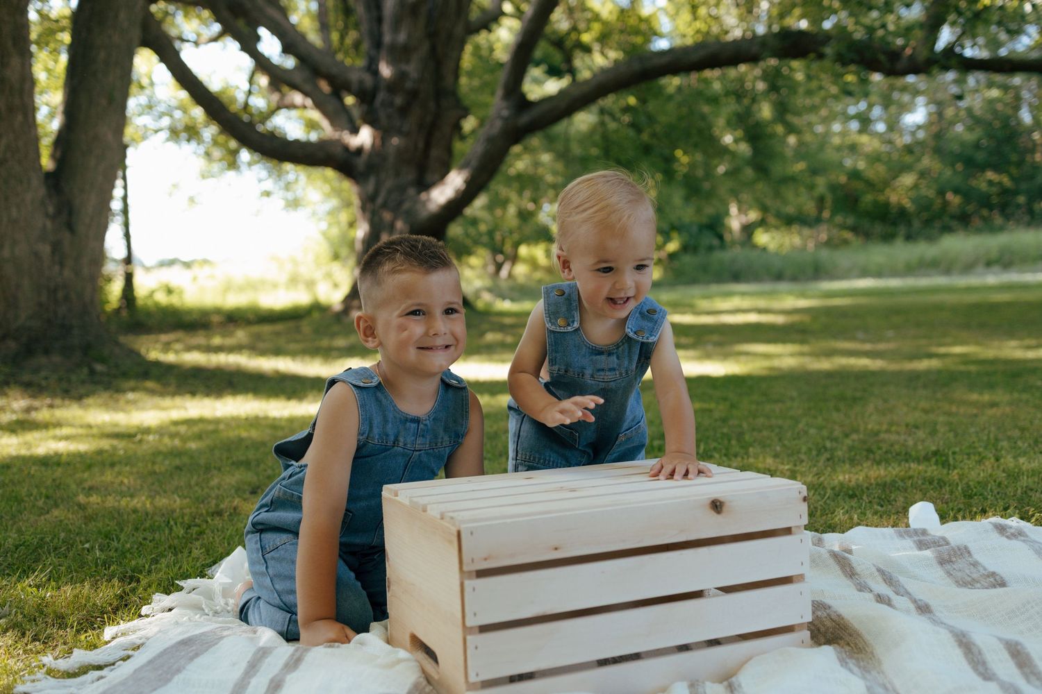 Two young children in denim overalls sit on blanket with wooden crate in sunny park.