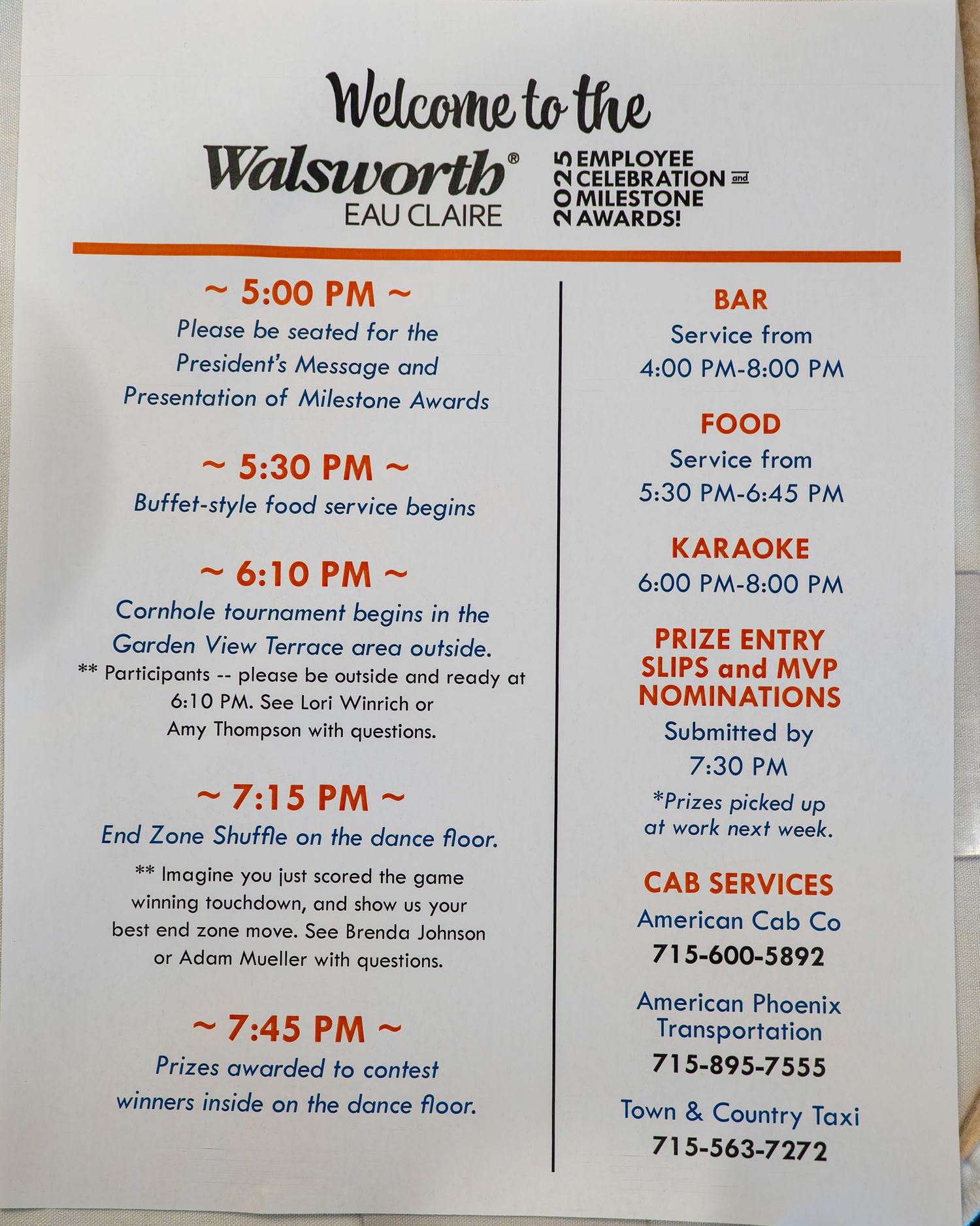 Close-up view of event schedule details showing welcome text and timeline of activities posted on a wall.