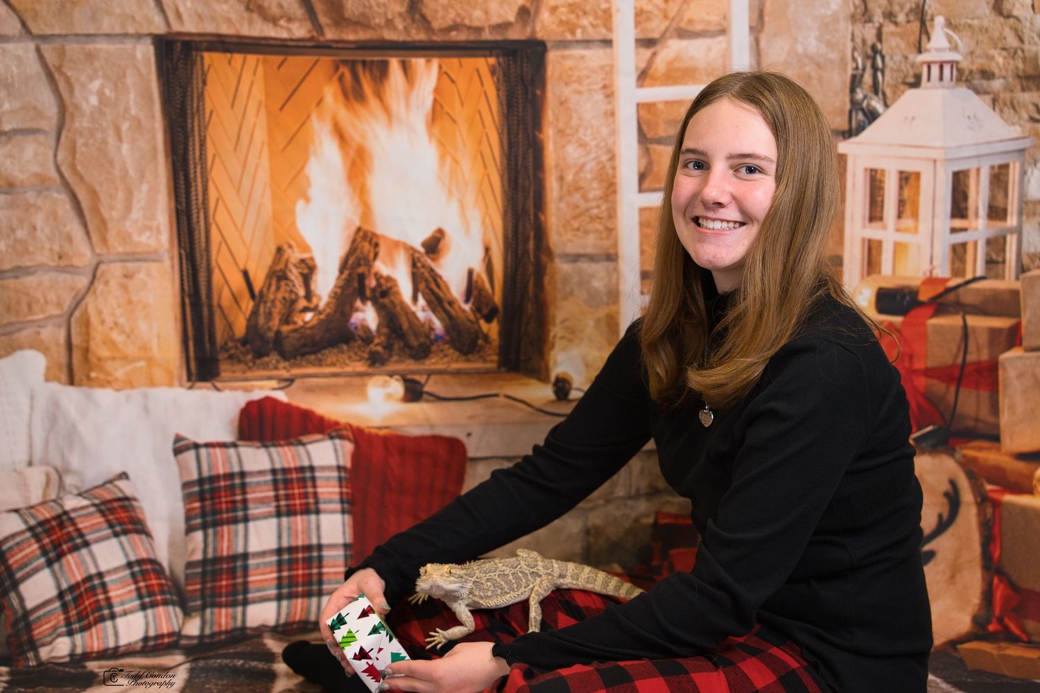 A cozy interior scene with plaid decor and warm lighting creating a festive holiday atmosphere.
