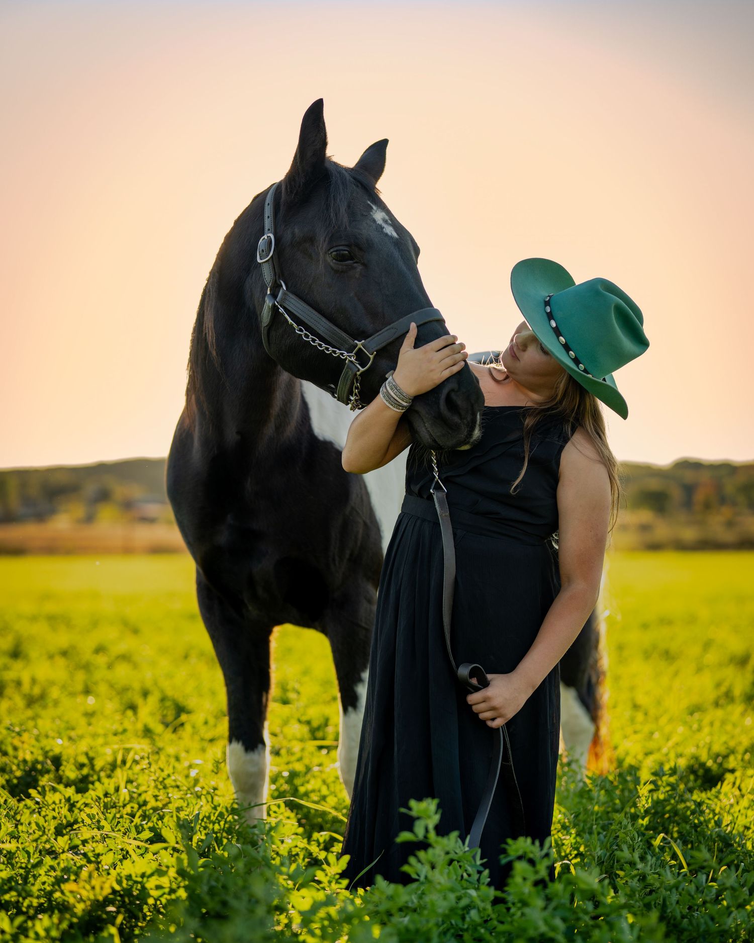 A pregnant woman in a black dress and green hat pets a majestic black horse in a field of yellow wildflowers at sunset.