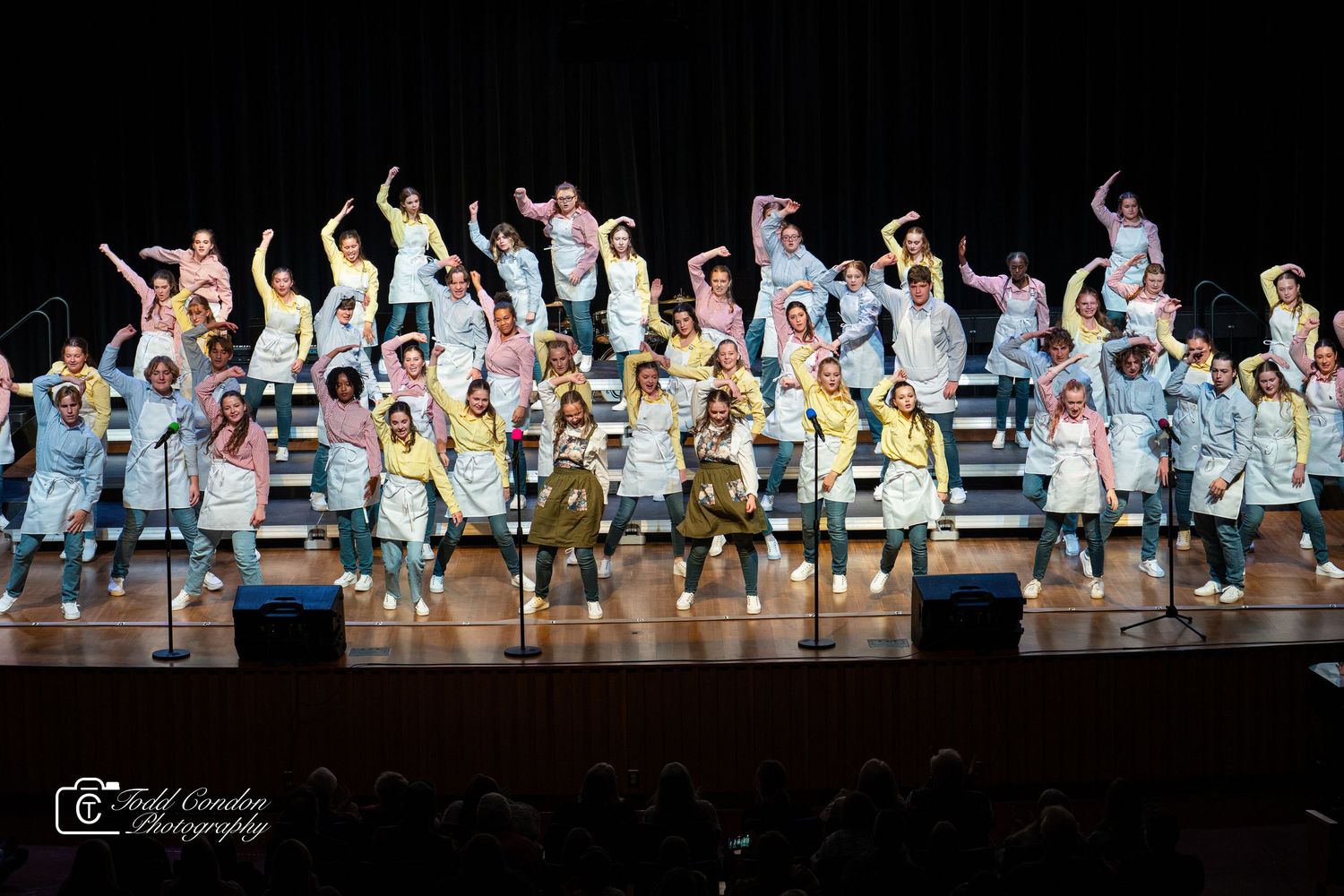 A large group performs an energetic musical number on stage with coordinated movements and colorful costumes.