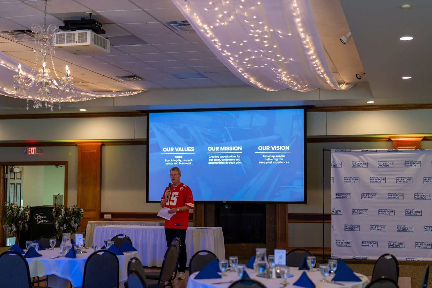 A series of conference room photos showing presentations and audience members at a business event.
