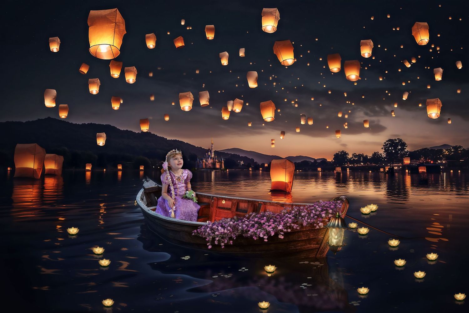 Glowing paper lanterns float into the dark night sky over a lake during a traditional festival celebration.