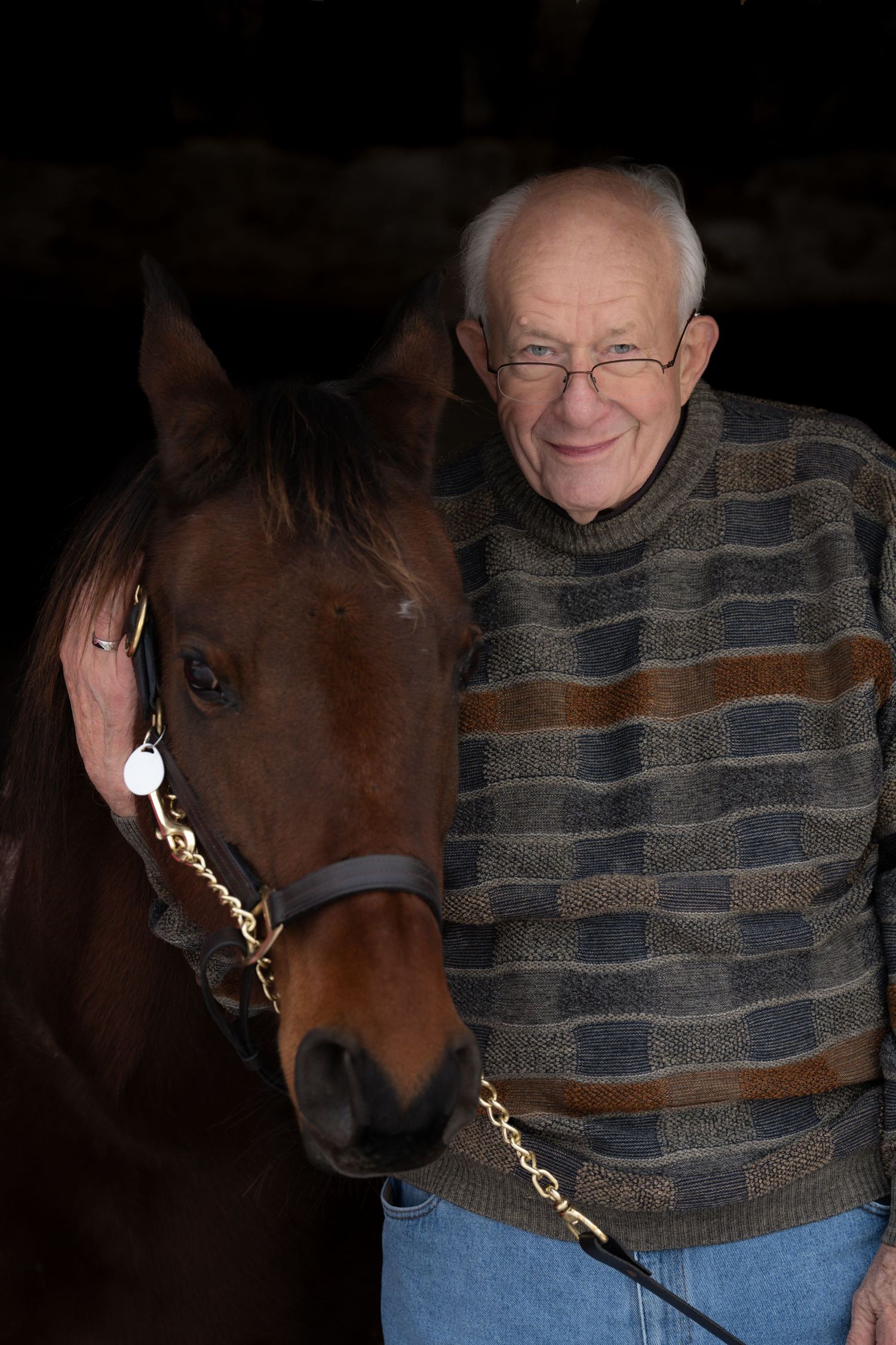 Brown horse and person in striped sweater sharing a gentle moment in dim lighting.