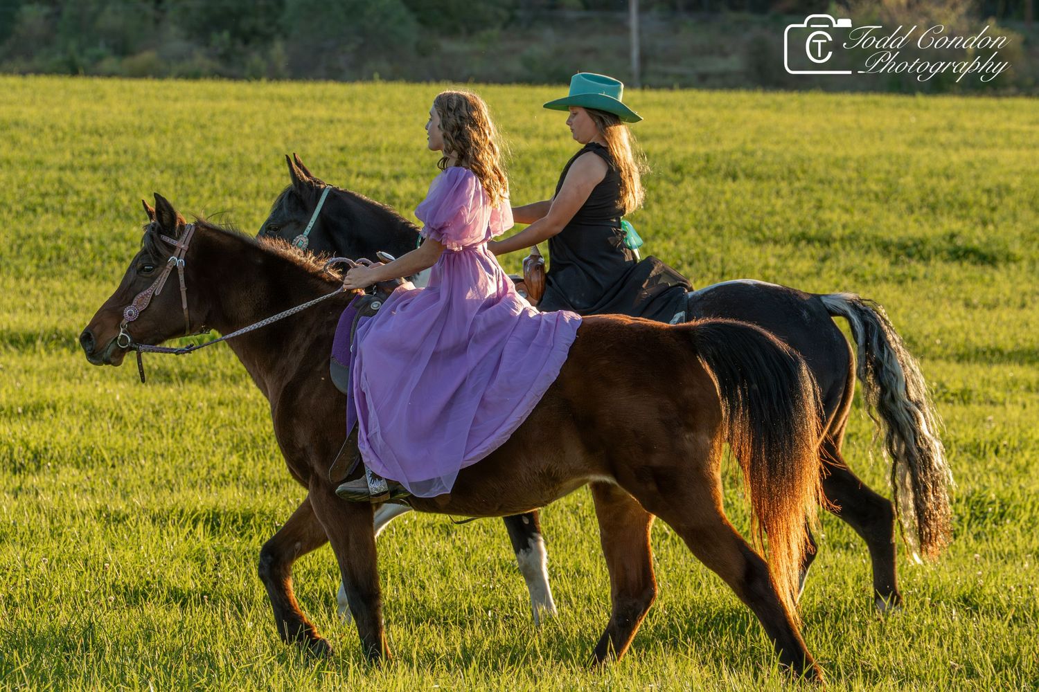 A person in a pink dress rides a brown horse through a lush green field during a golden sunset.