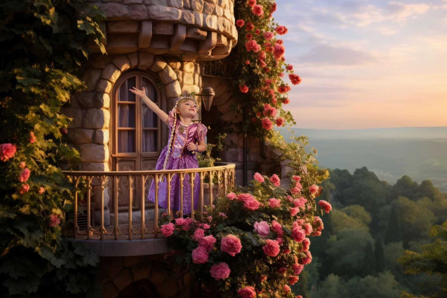 A romantic stone balcony adorned with blooming pink roses overlooks a misty coastal landscape at sunset.