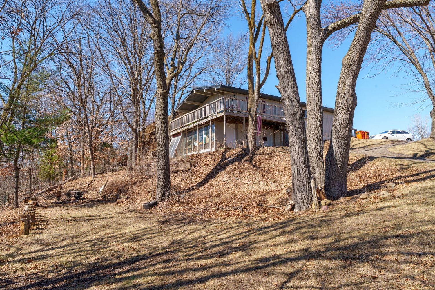 Panoramic view of a wooded hillside with bare trees and brown grass during winter season.